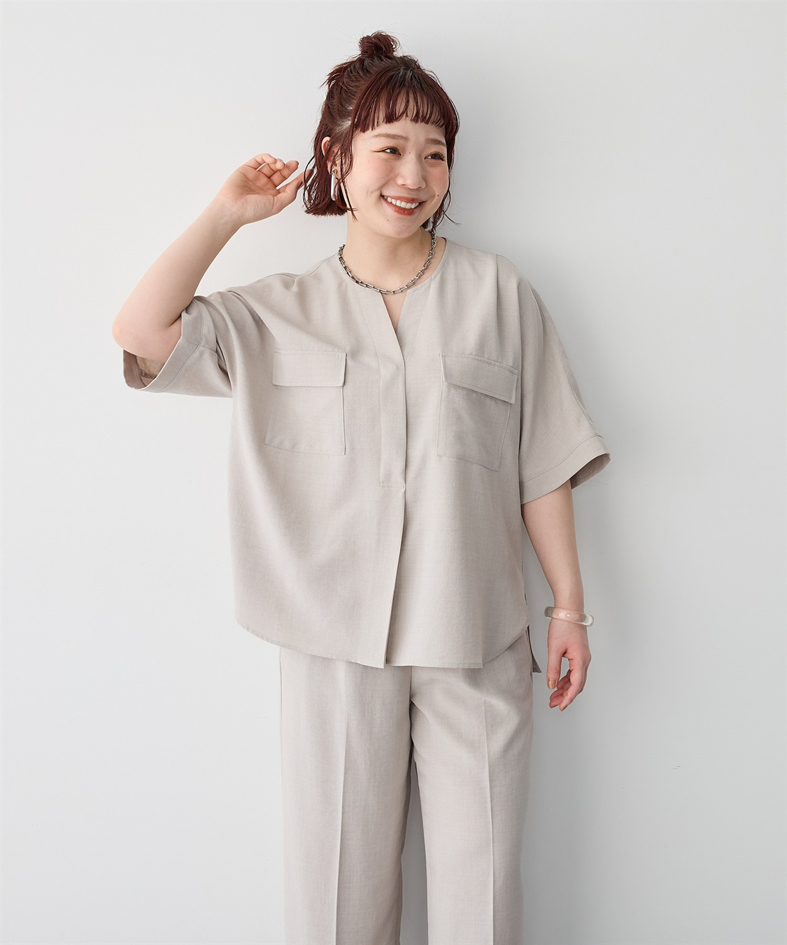 anyfee 【anyfee/プラスサイズ】リネン調すっきりドルマンスリーブサファリシャツ《セットアップ対応/上下別売り》■リネンライクシリーズ■_sub_15