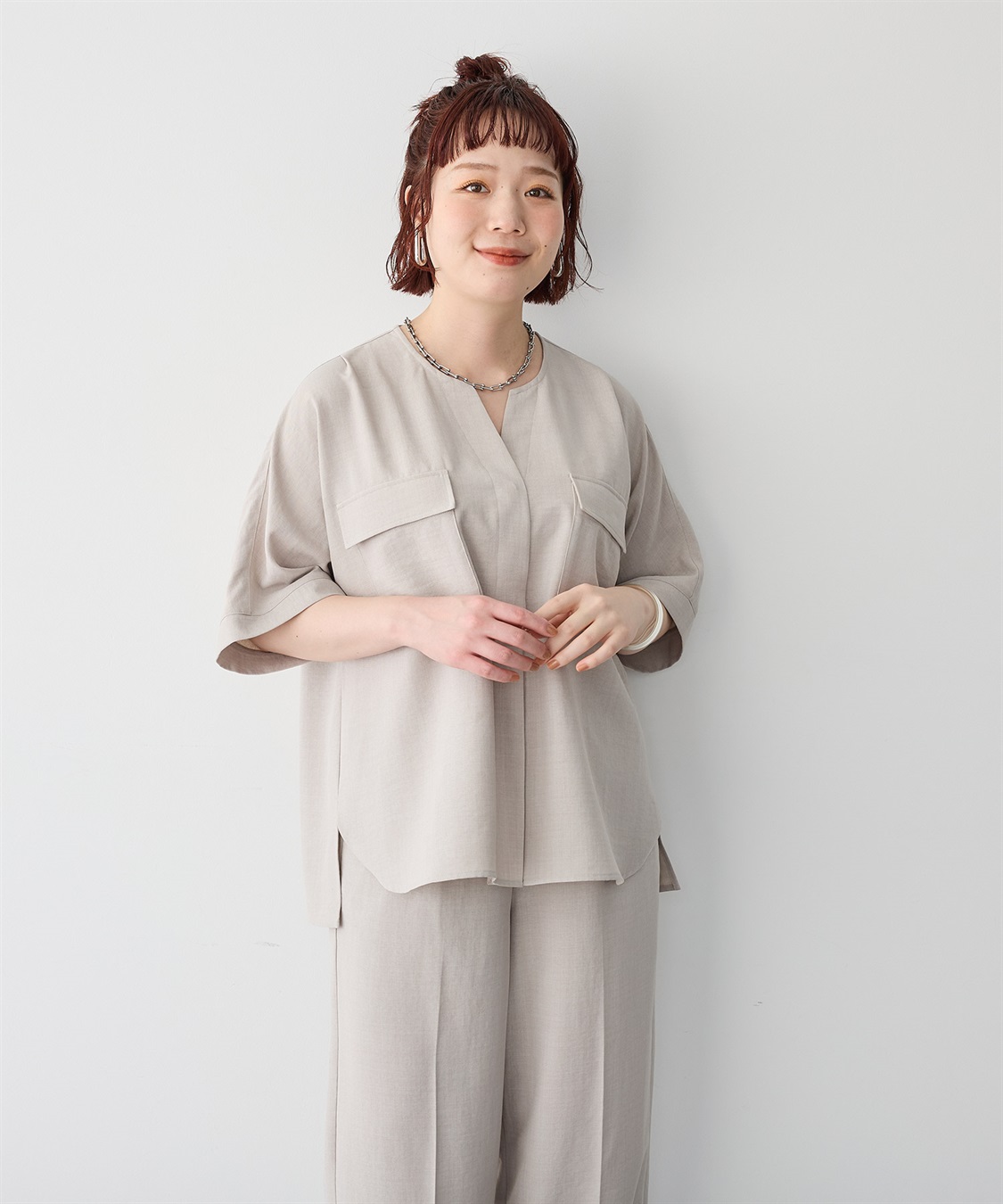 anyfee 【anyfee/プラスサイズ】リネン調すっきりドルマンスリーブサファリシャツ《セットアップ対応/上下別売り》■リネンライクシリーズ■_sub_16