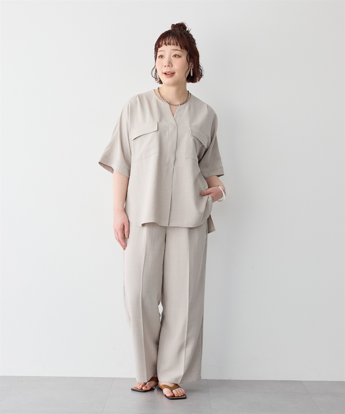 anyfee 【anyfee/プラスサイズ】リネン調すっきりドルマンスリーブサファリシャツ《セットアップ対応/上下別売り》■リネンライクシリーズ■_sub_17