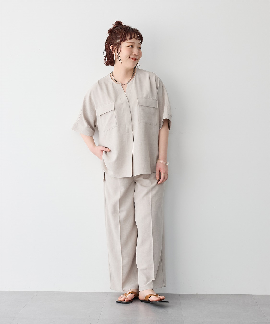 anyfee 【anyfee/プラスサイズ】リネン調すっきりドルマンスリーブサファリシャツ《セットアップ対応/上下別売り》■リネンライクシリーズ■_sub_18