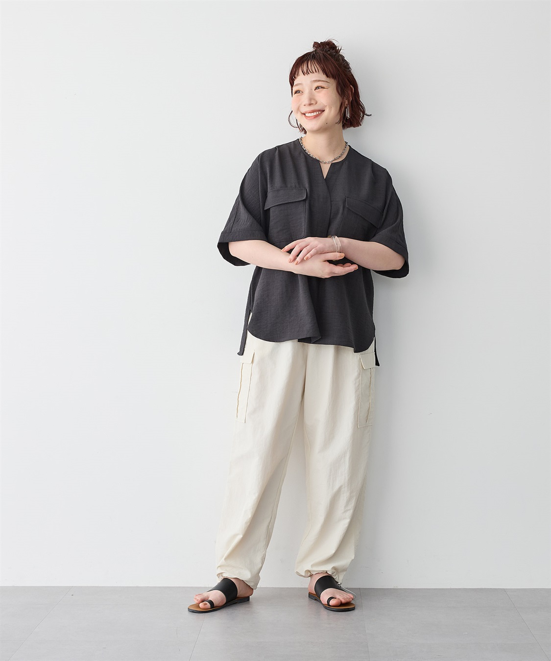 anyfee 【anyfee/プラスサイズ】リネン調すっきりドルマンスリーブサファリシャツ《セットアップ対応/上下別売り》■リネンライクシリーズ■_sub_19