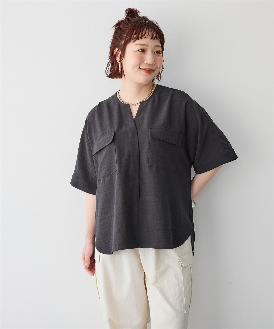 anyfee 【anyfee/プラスサイズ】リネン調すっきりドルマンスリーブサファリシャツ《セットアップ対応/上下別売り》■リネンライクシリーズ■_sub_22
