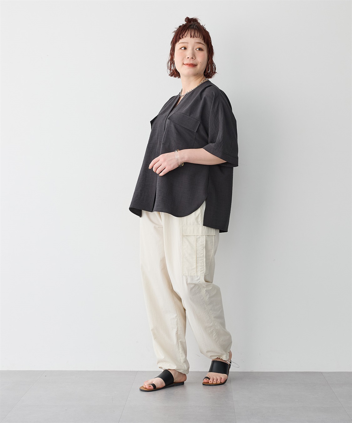 anyfee 【anyfee/プラスサイズ】リネン調すっきりドルマンスリーブサファリシャツ《セットアップ対応/上下別売り》■リネンライクシリーズ■_sub_24