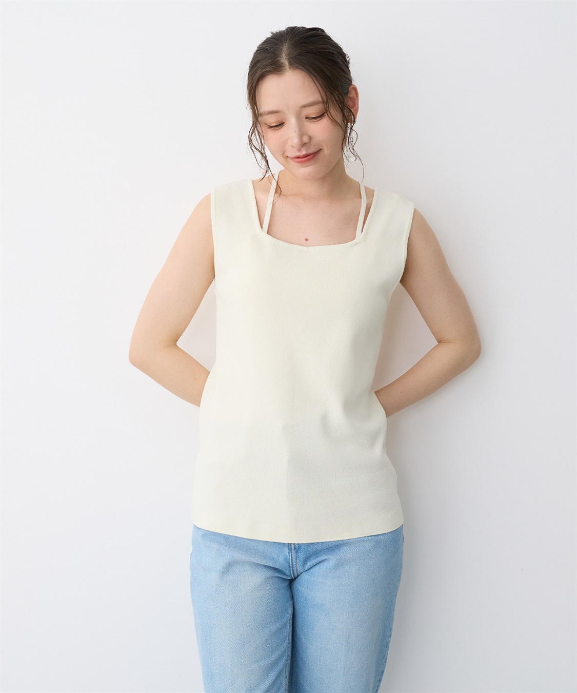 anyfee 【anyfee/プラスサイズ】スクエアネックデザインストリングニットタンクトップ（接触冷感）_sub_4