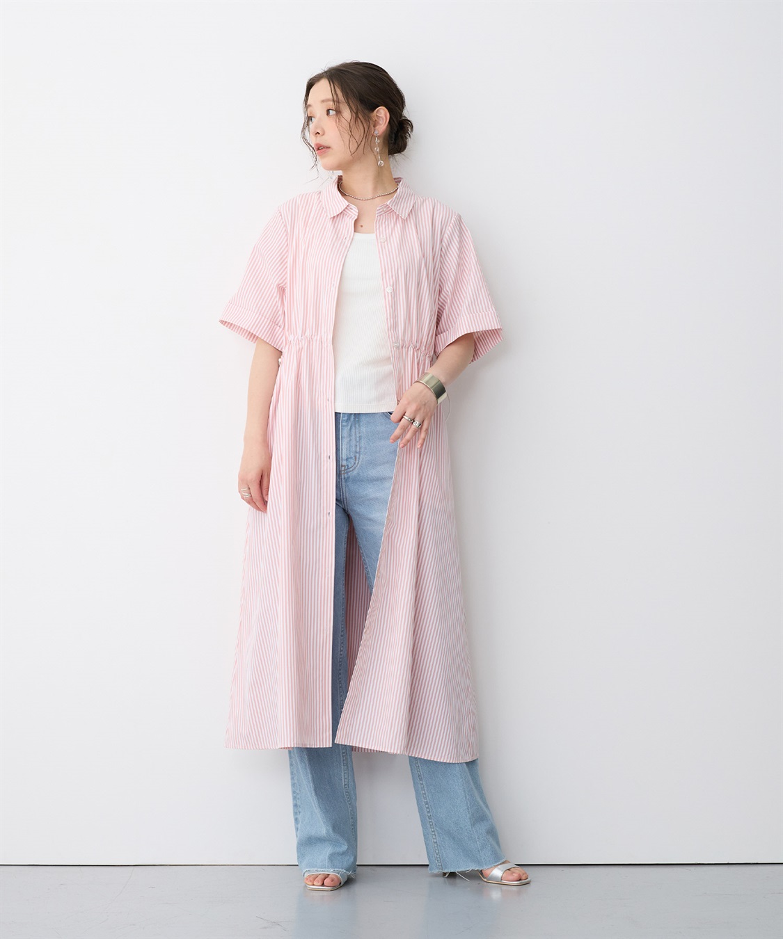 anyfee 【anyfee/プラスサイズ】ストライプ柄ドロストシャツ半袖ワンピース_sub_3