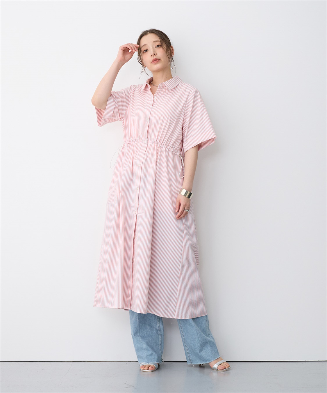 anyfee 【anyfee/プラスサイズ】ストライプ柄ドロストシャツ半袖ワンピース_sub_5