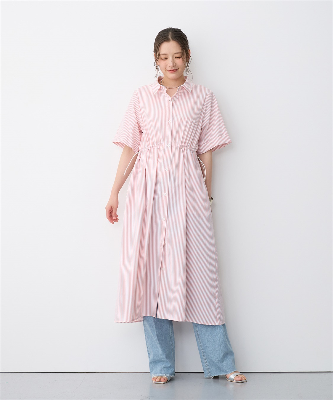 anyfee 【anyfee/プラスサイズ】ストライプ柄ドロストシャツ半袖ワンピース_sub_7