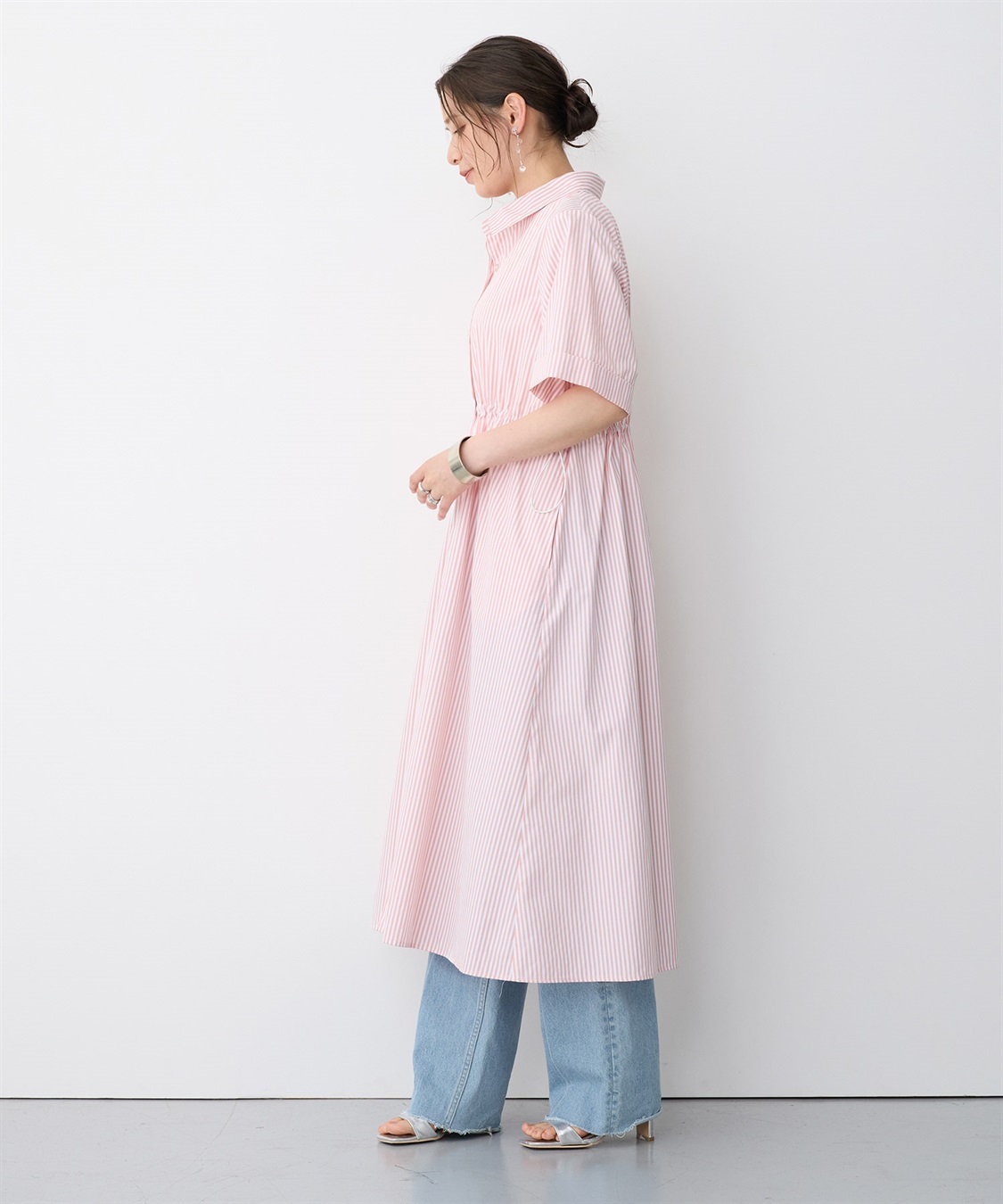anyfee 【anyfee/プラスサイズ】ストライプ柄ドロストシャツ半袖ワンピース_sub_8