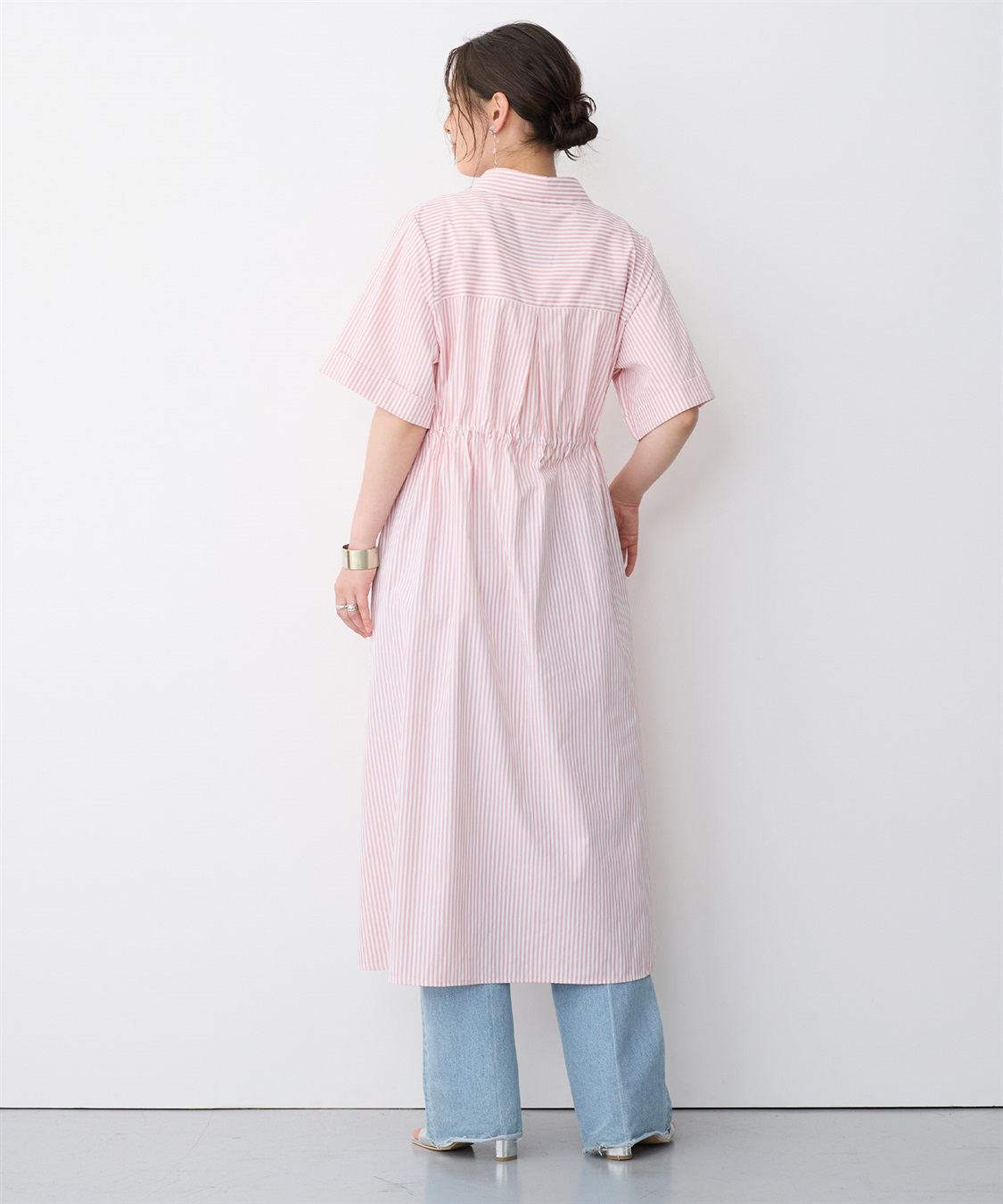 anyfee 【anyfee/プラスサイズ】ストライプ柄ドロストシャツ半袖ワンピース_sub_9