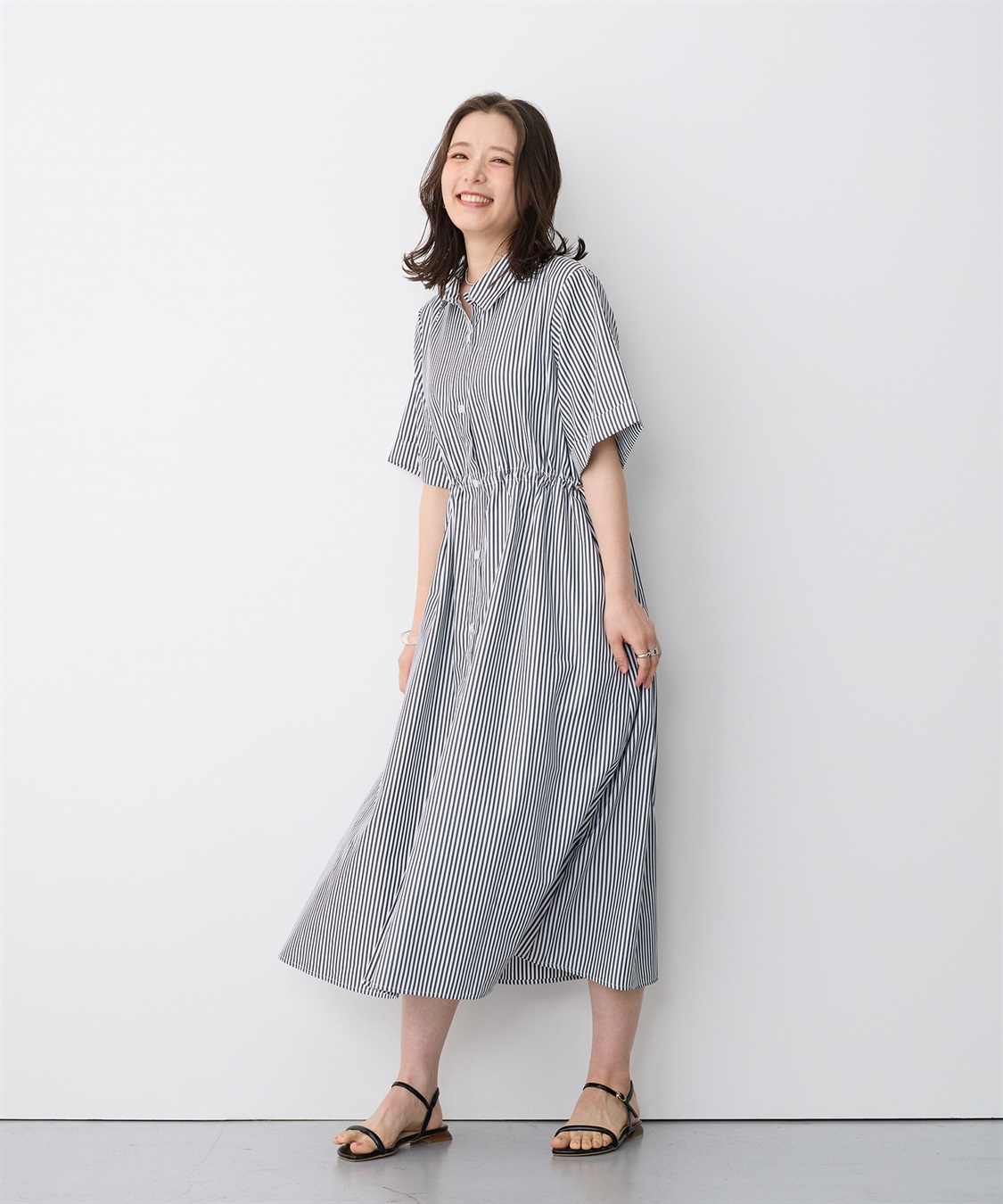 anyfee 【anyfee/プラスサイズ】ストライプ柄ドロストシャツ半袖ワンピース_sub_15