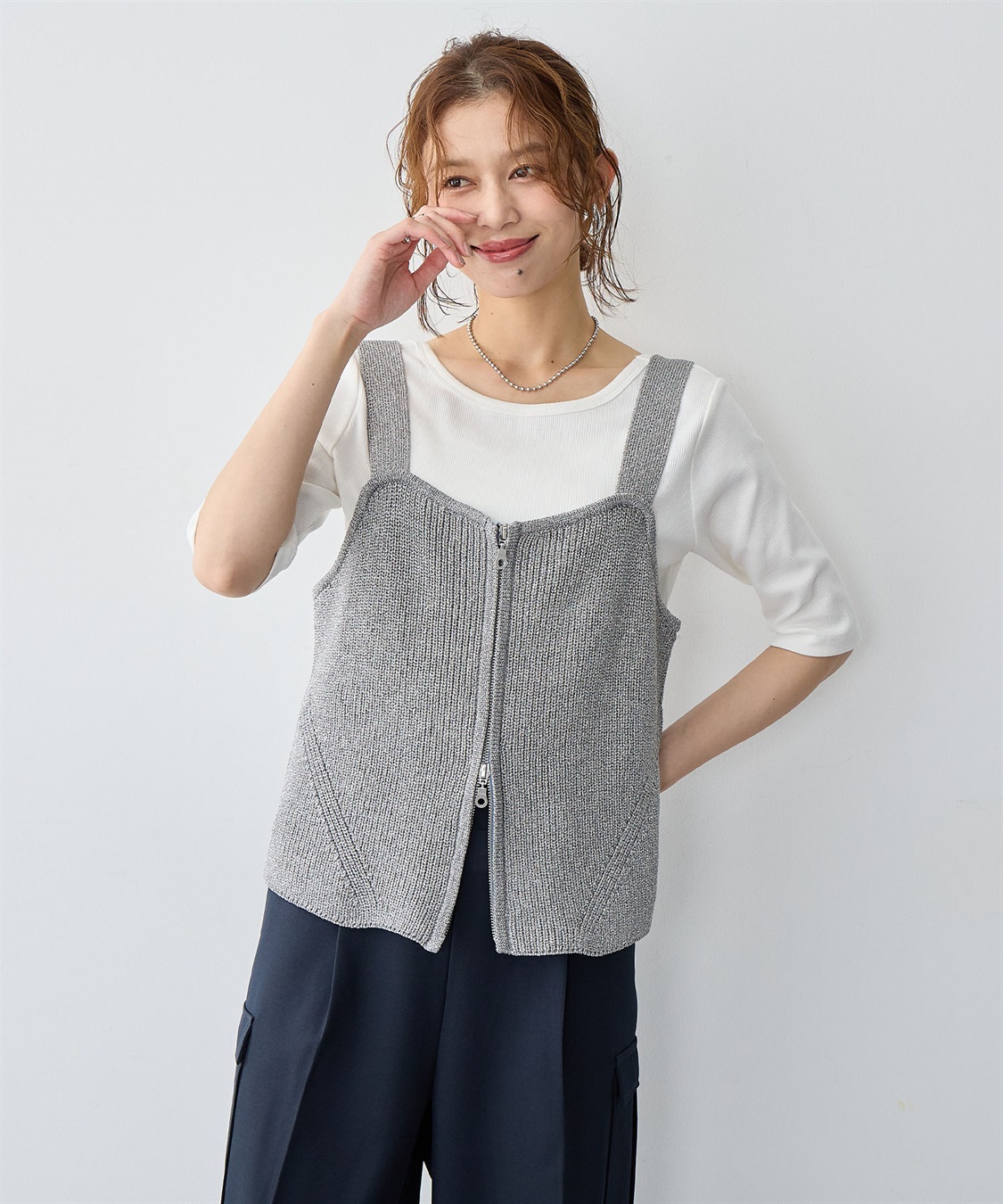 Life Style by cross marche 【anyfee/大きいサイズ】フロントWジップラメニットビスチェ_sub_2