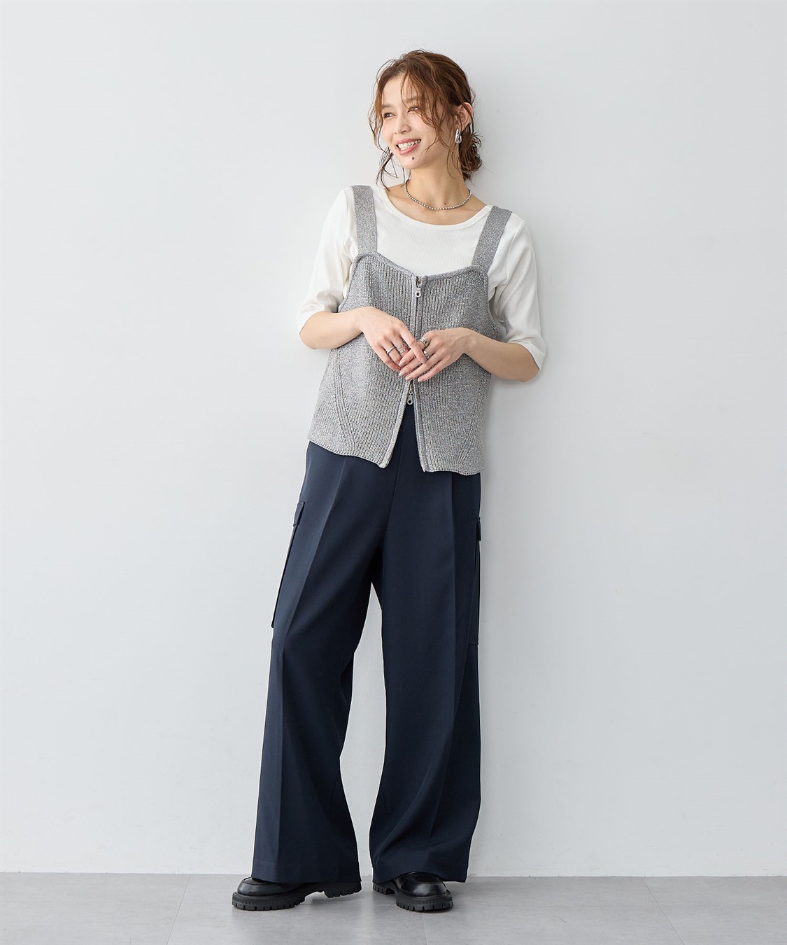 Life Style by cross marche 【anyfee/大きいサイズ】フロントWジップラメニットビスチェ_sub_9