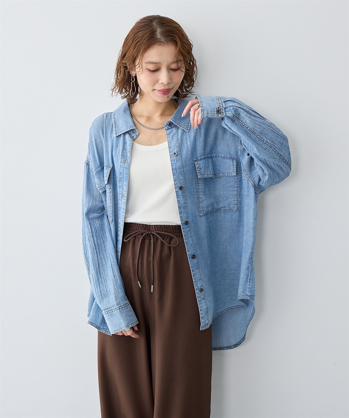 anyfee 【anyfee/大きいサイズ】シアーWポケットデニムシャツ_sub_5