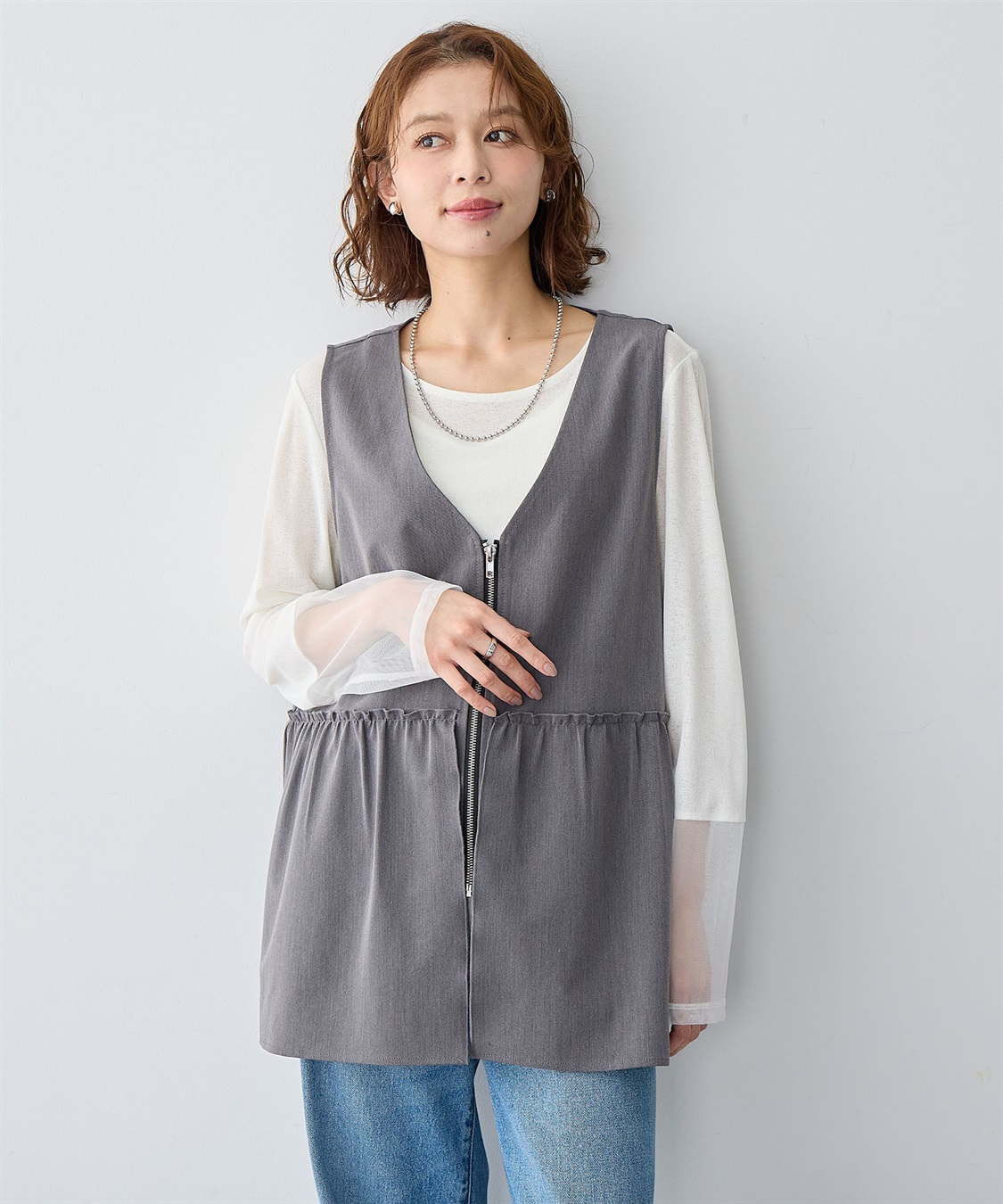 Life Style by cross marche 【anyfee/大きいサイズ】杢調フロントジップペプラムジレ_sub_1