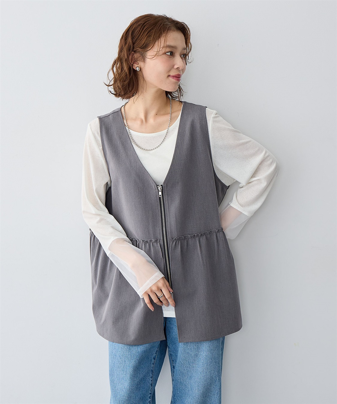 Life Style by cross marche 【anyfee/大きいサイズ】杢調フロントジップペプラムジレ_sub_2