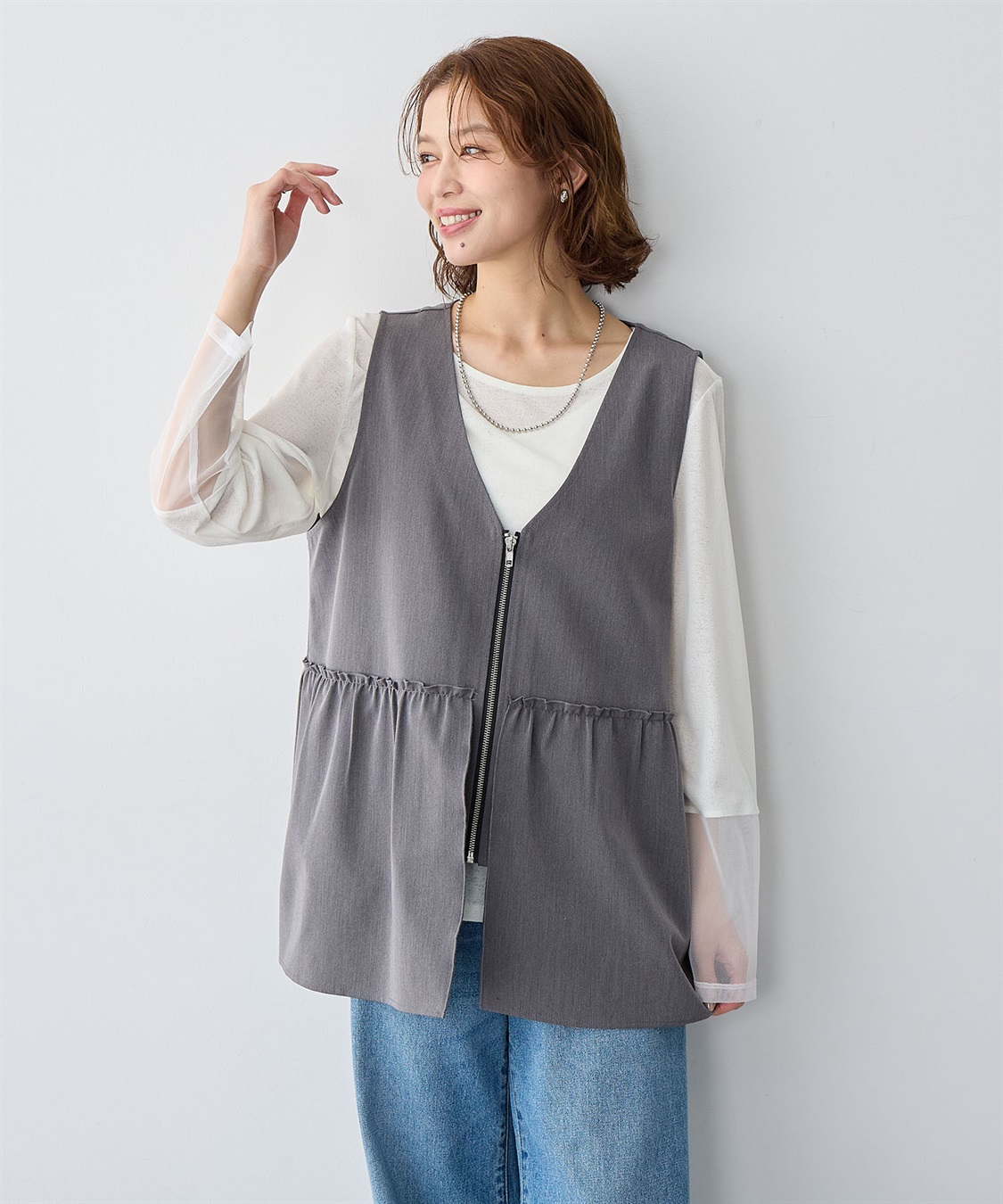 Life Style by cross marche 【anyfee/大きいサイズ】杢調フロントジップペプラムジレ_sub_3