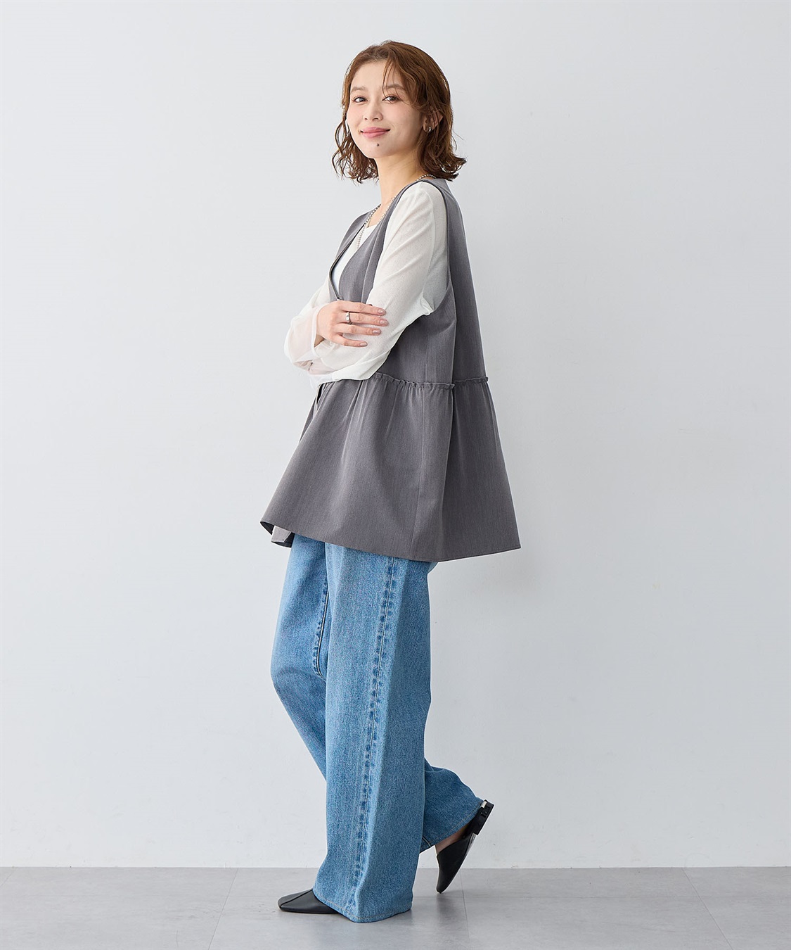 Life Style by cross marche 【anyfee/大きいサイズ】杢調フロントジップペプラムジレ_sub_6