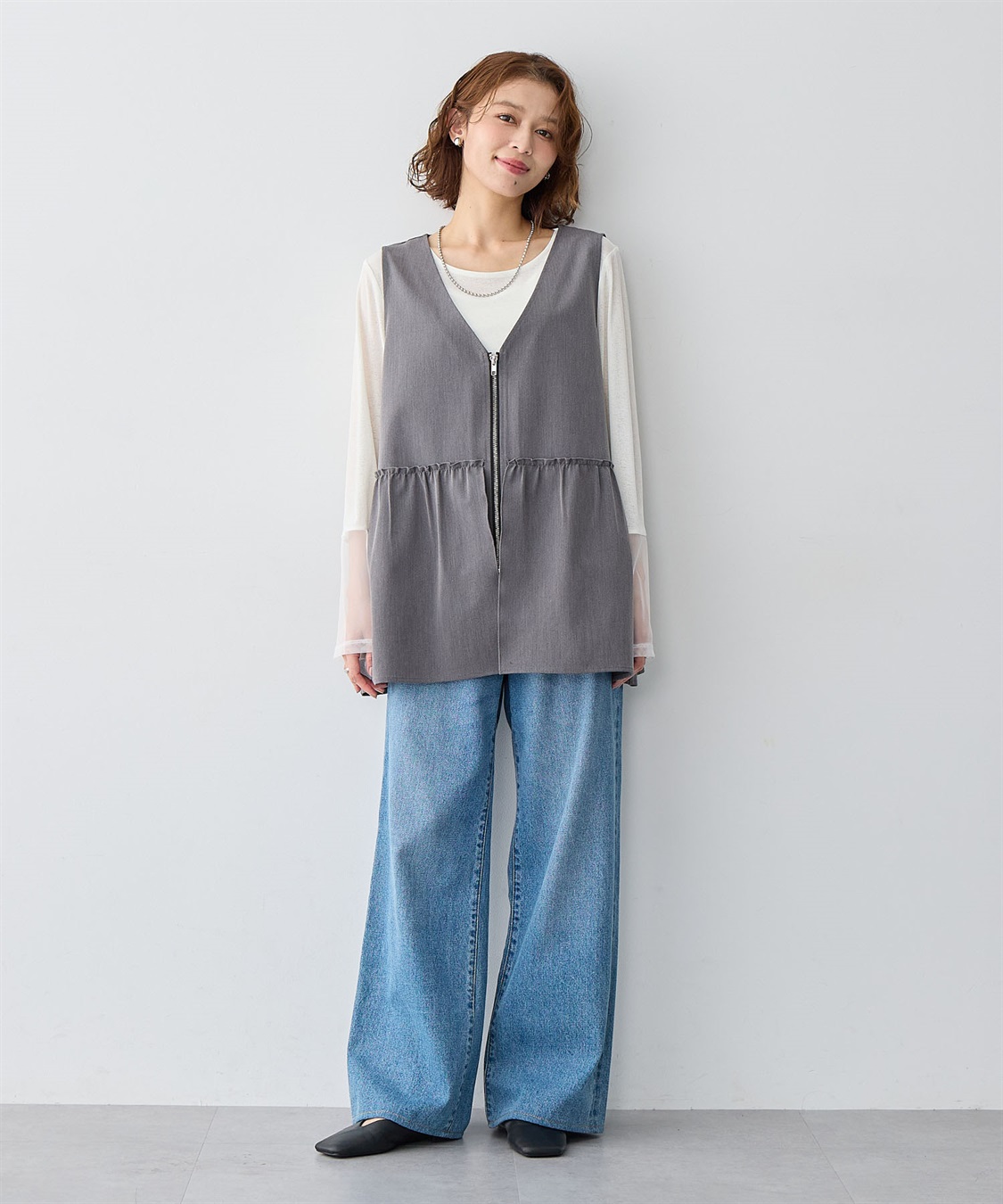 Life Style by cross marche 【anyfee/大きいサイズ】杢調フロントジップペプラムジレ_sub_8