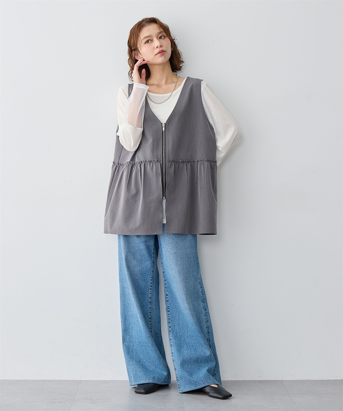 Life Style by cross marche 【anyfee/大きいサイズ】杢調フロントジップペプラムジレ_sub_9