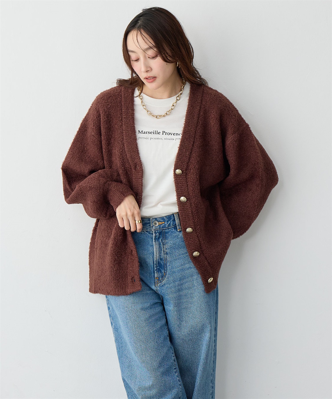 Life Style by cross marche 【anyfee/大きいサイズ】金ボタンブークレニットカーディガン_sub_3