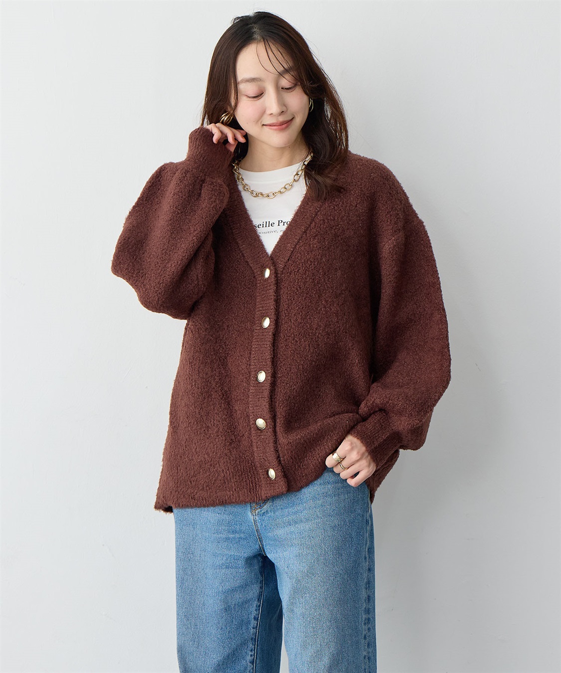 Life Style by cross marche 【anyfee/大きいサイズ】金ボタンブークレニットカーディガン_sub_4