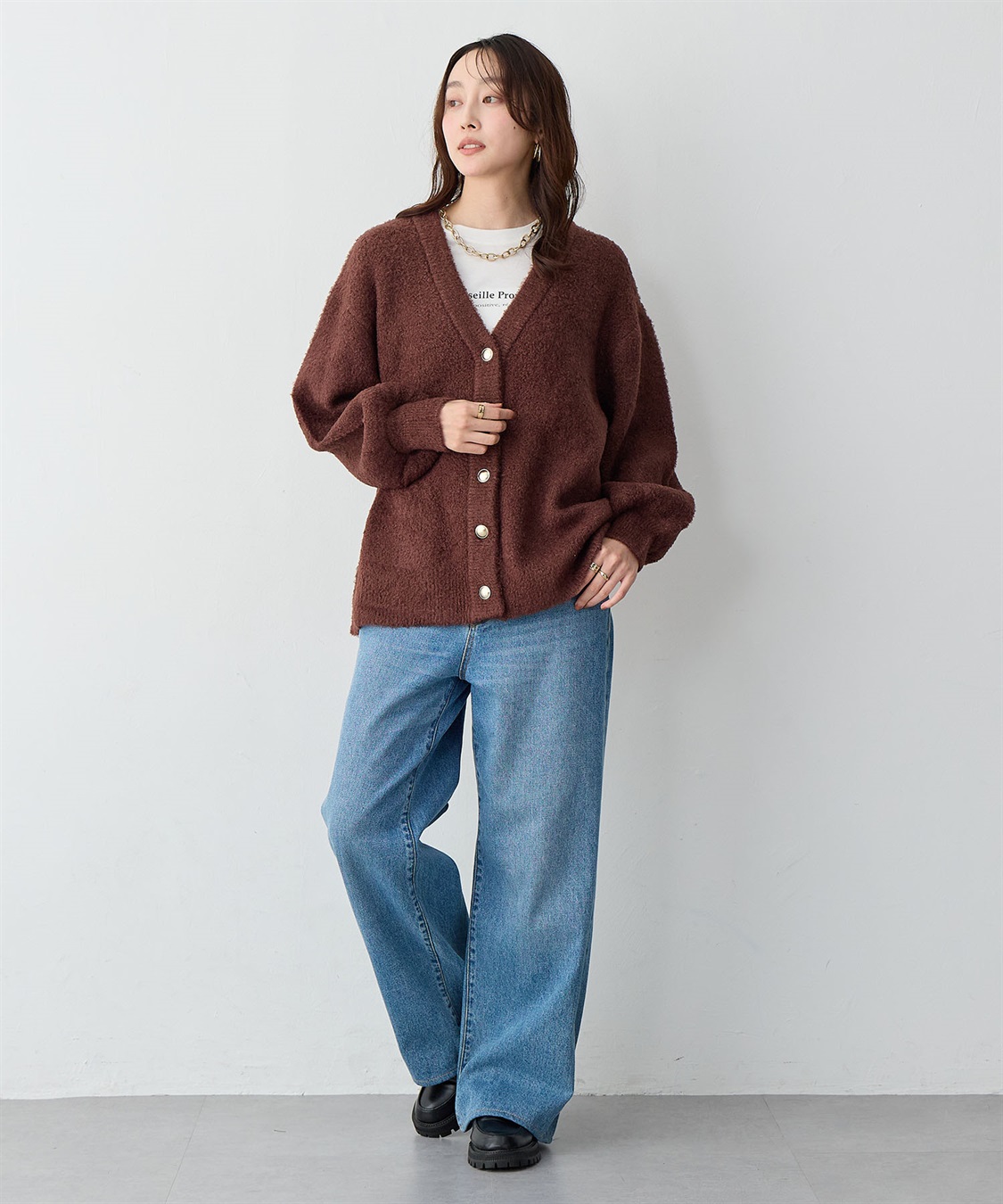 Life Style by cross marche 【anyfee/大きいサイズ】金ボタンブークレニットカーディガン_sub_7