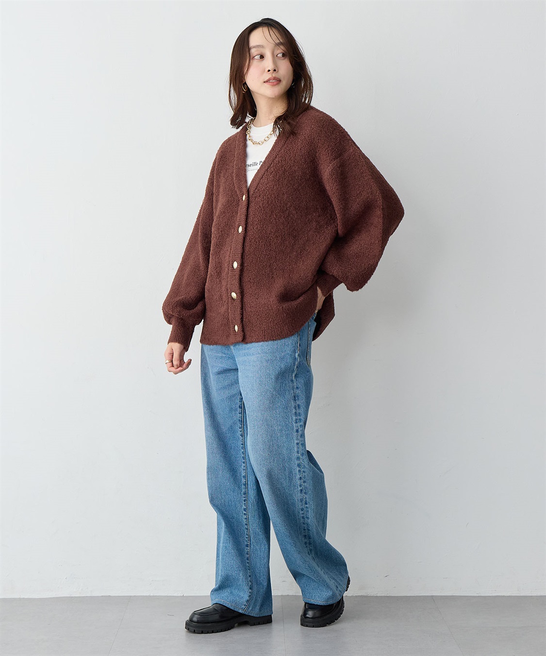 Life Style by cross marche 【anyfee/大きいサイズ】金ボタンブークレニットカーディガン_sub_8