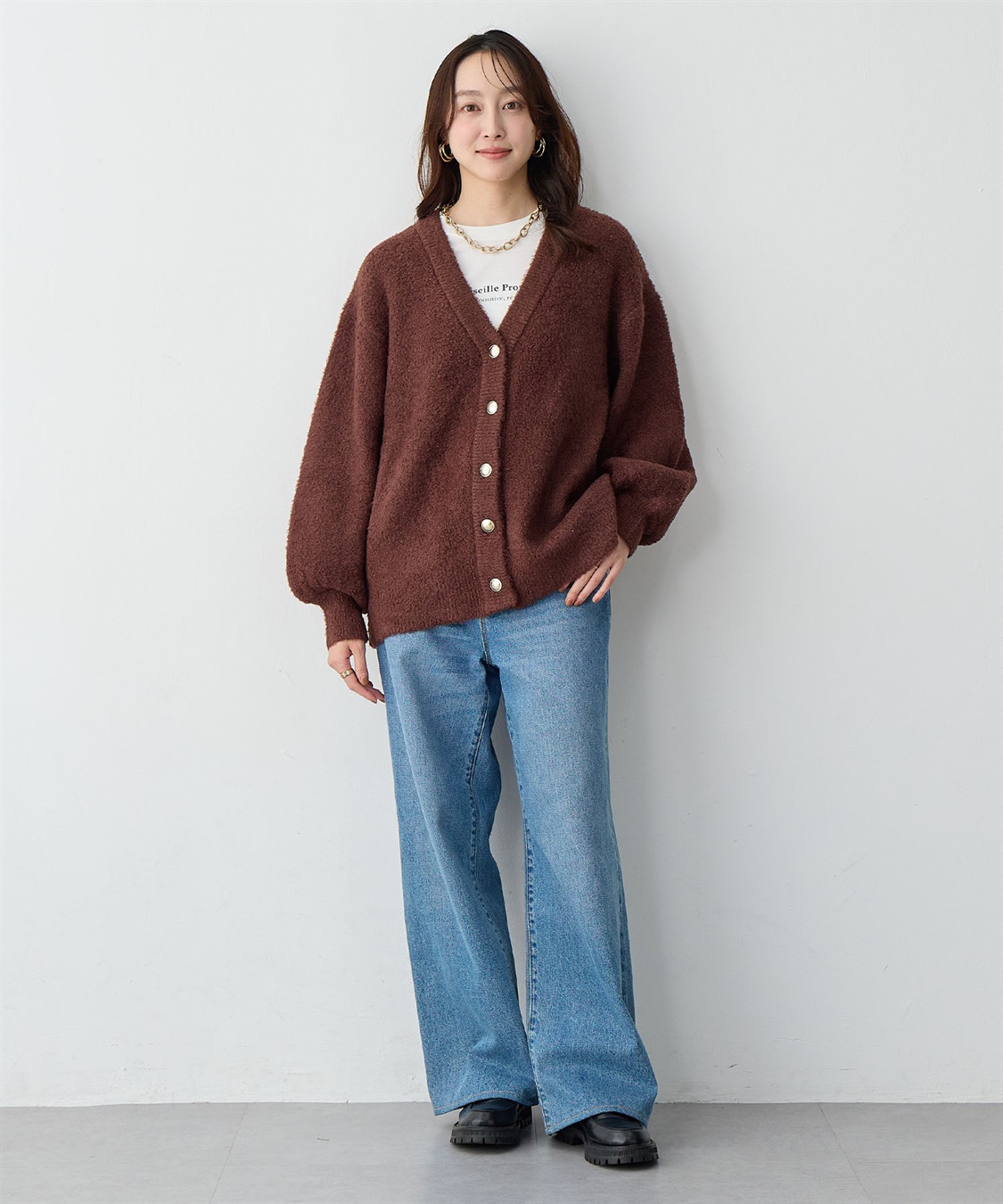 Life Style by cross marche 【anyfee/大きいサイズ】金ボタンブークレニットカーディガン_sub_9