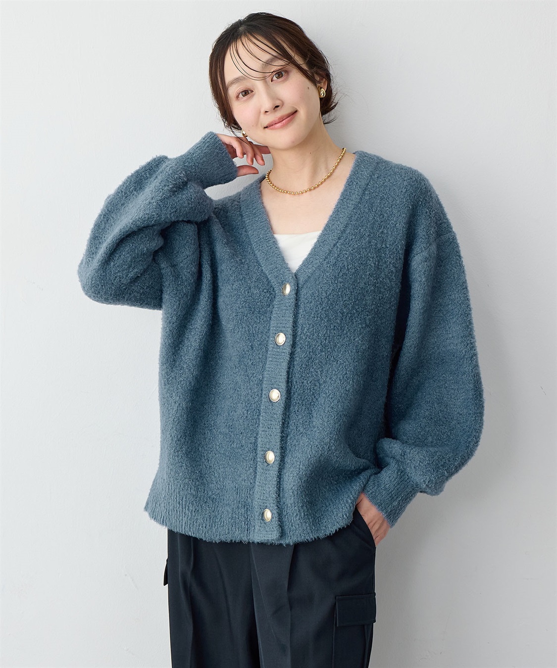 Life Style by cross marche 【anyfee/大きいサイズ】金ボタンブークレニットカーディガン_sub_10