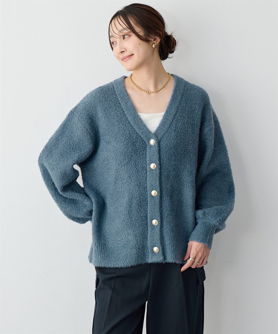 Life Style by cross marche 【anyfee/大きいサイズ】金ボタンブークレニットカーディガン_sub_11