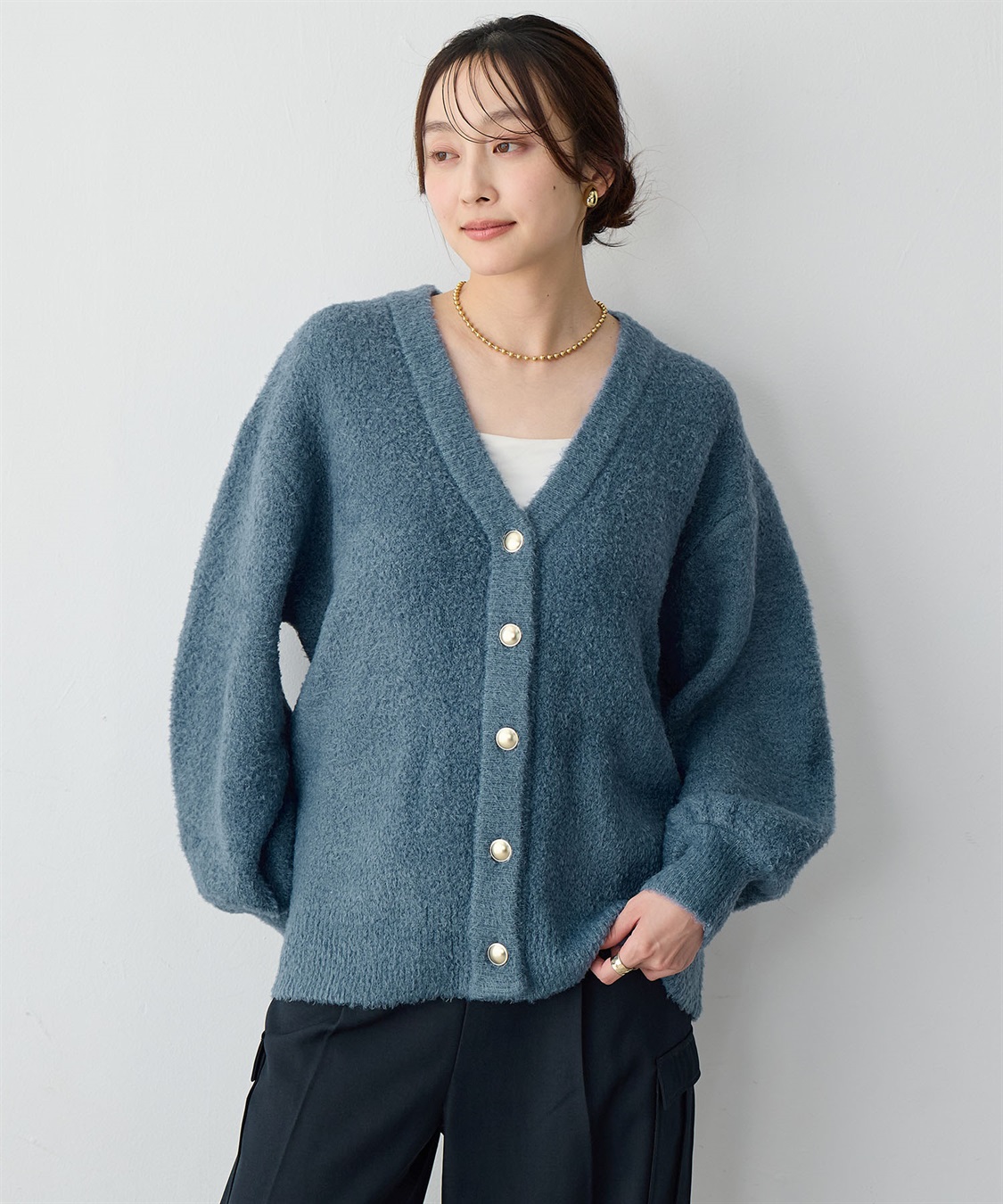 Life Style by cross marche 【anyfee/大きいサイズ】金ボタンブークレニットカーディガン_sub_12