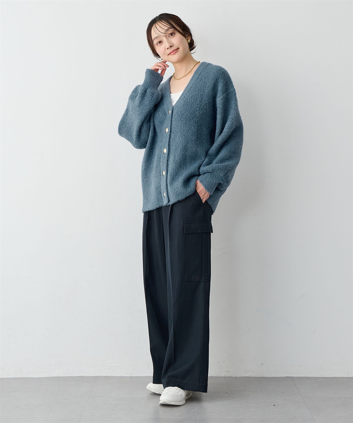 Life Style by cross marche 【anyfee/大きいサイズ】金ボタンブークレニットカーディガン_sub_13