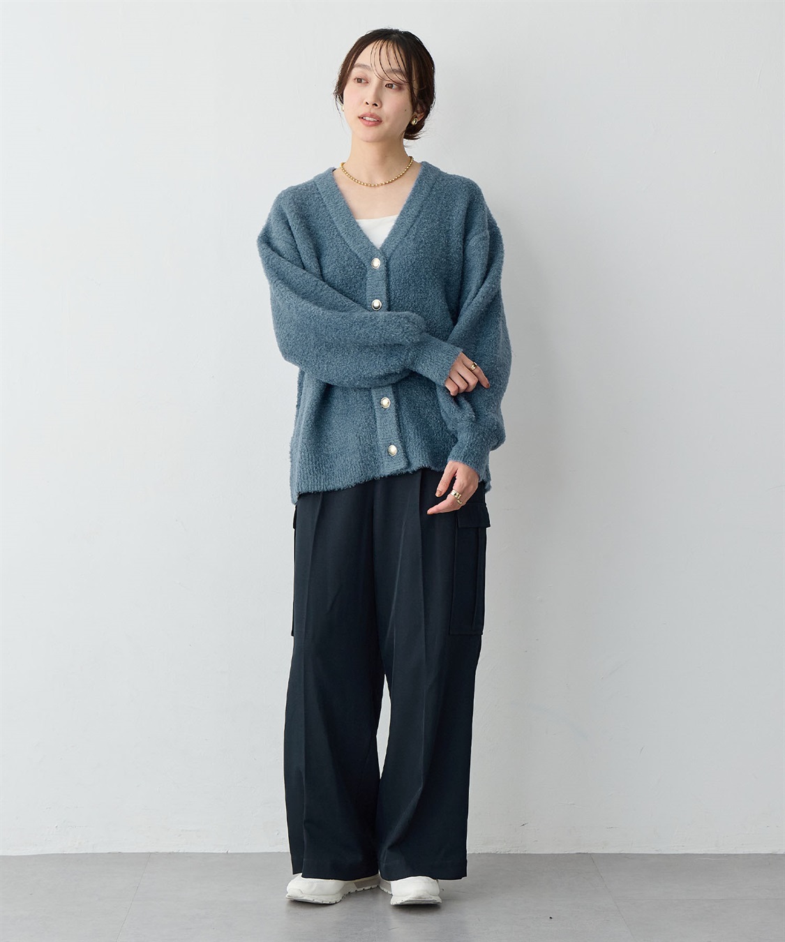 Life Style by cross marche 【anyfee/大きいサイズ】金ボタンブークレニットカーディガン_sub_15