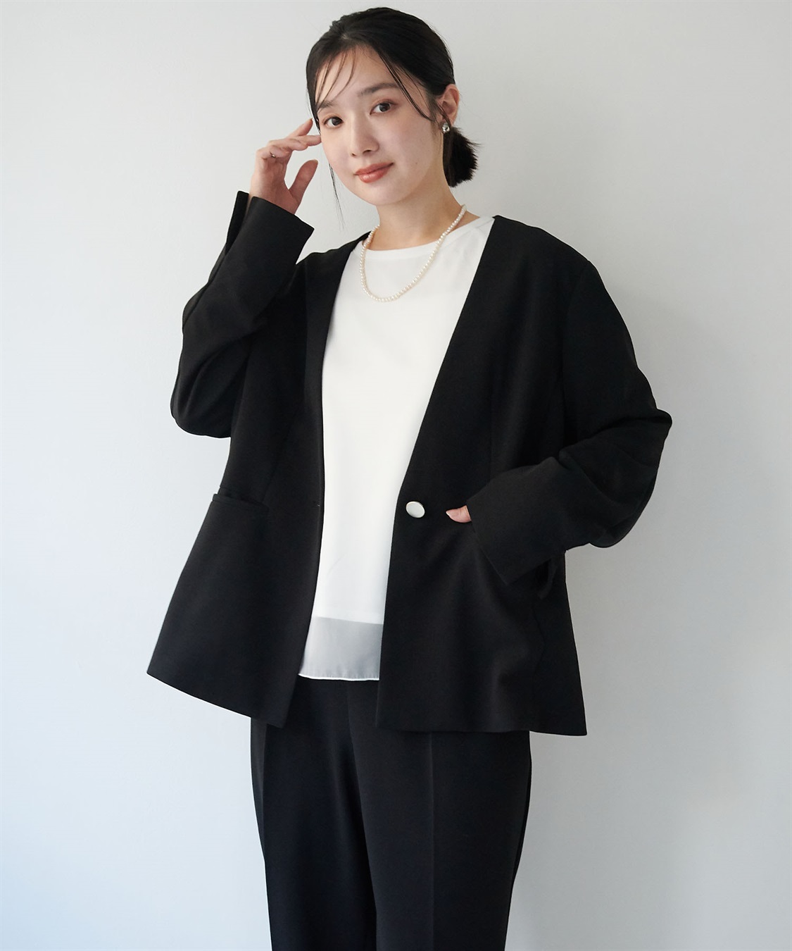 anyfee 【anyfee/大きいサイズ】ニットジョーゼットVネックノーカラージャケット《セレモニー/オケージョン》_sub_1