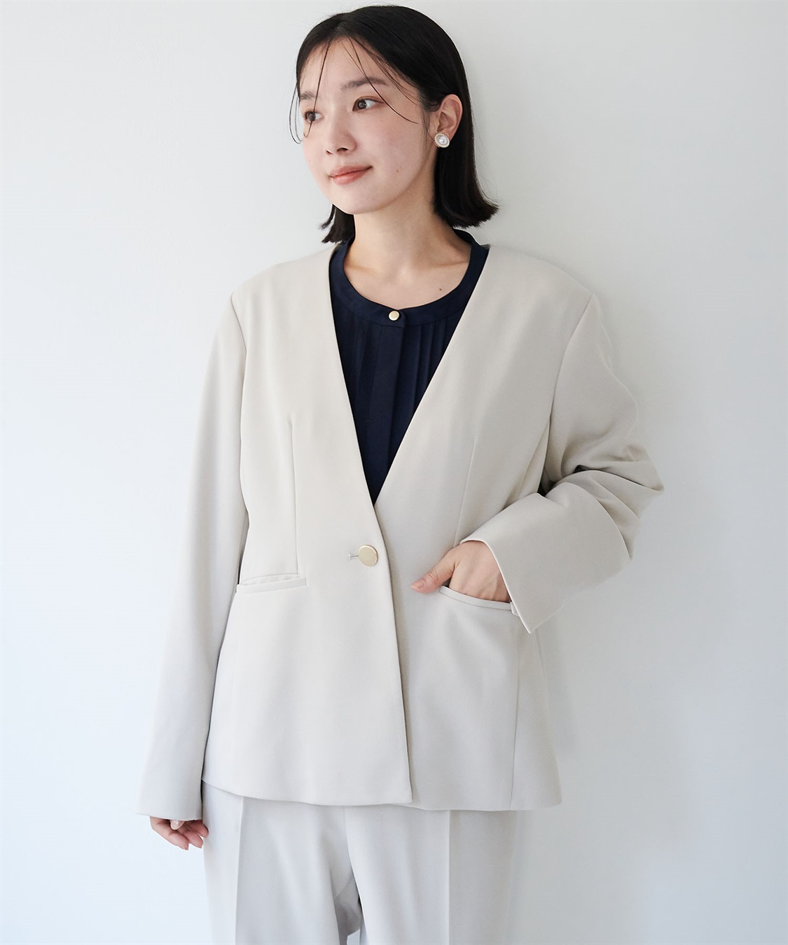 anyfee 【anyfee/大きいサイズ】ニットジョーゼットVネックノーカラージャケット《セレモニー/オケージョン》_sub_2