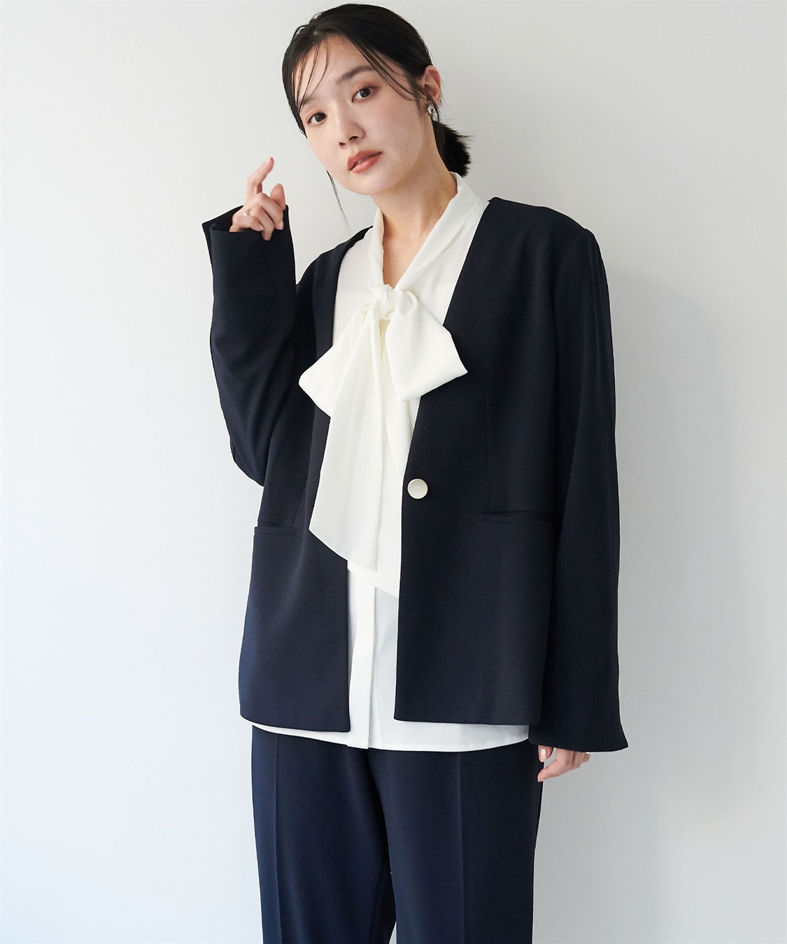 anyfee 【anyfee/大きいサイズ】ニットジョーゼットVネックノーカラージャケット《セレモニー/オケージョン》_sub_3