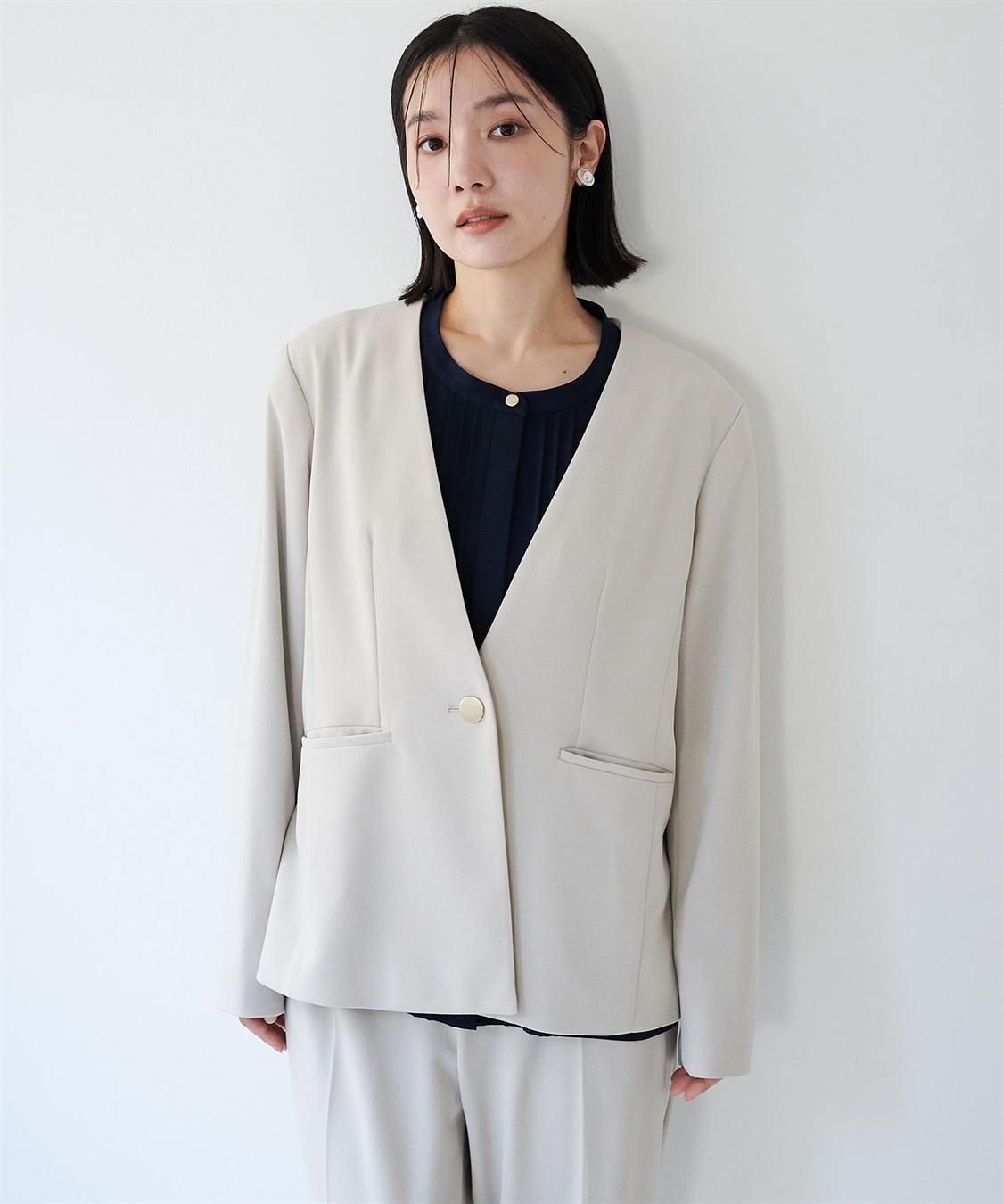 anyfee 【anyfee/大きいサイズ】ニットジョーゼットVネックノーカラージャケット《セレモニー/オケージョン》_sub_10