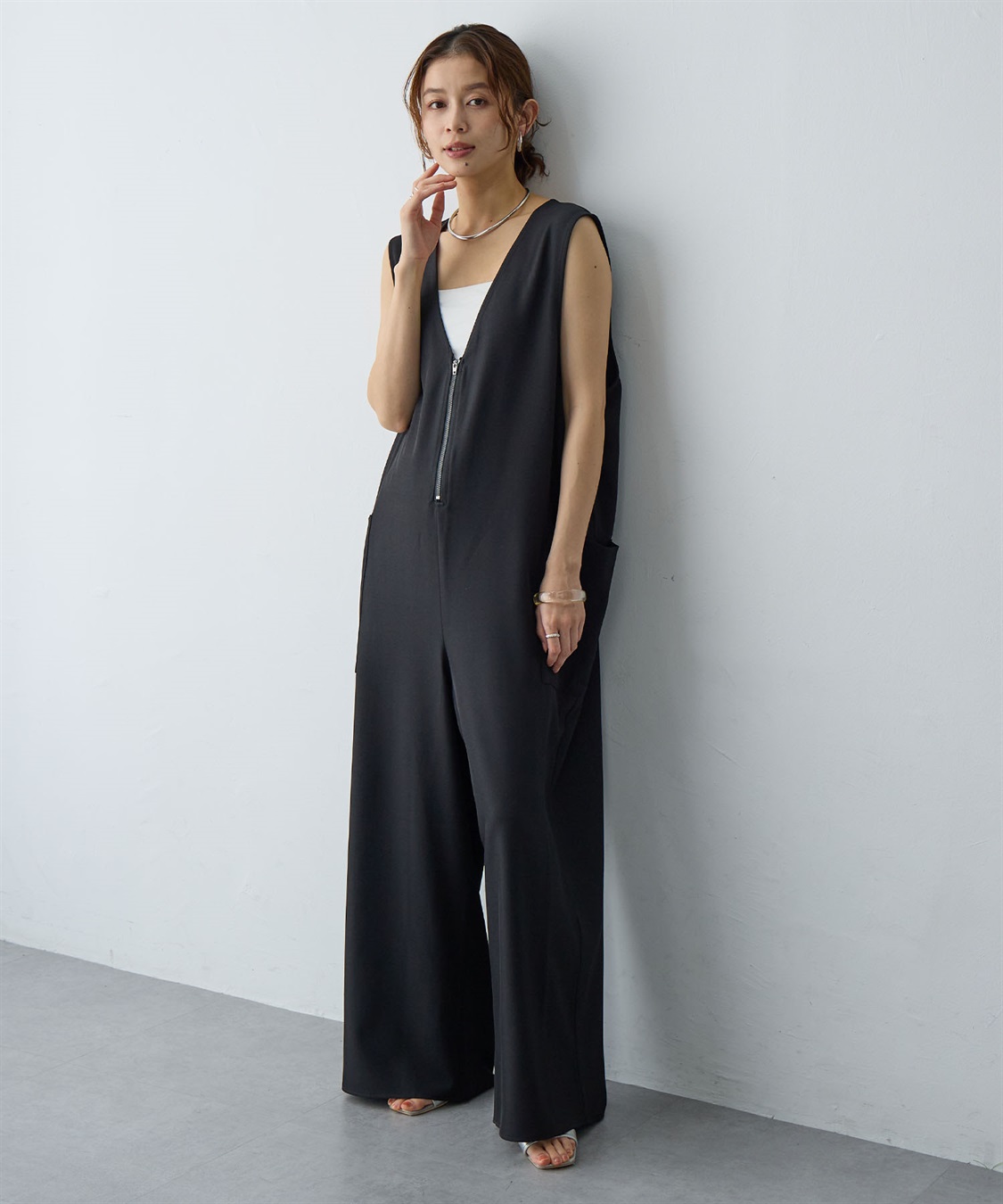 Life Style by cross marche 【anyfee/大きいサイズ】フロントジップＶネックサロペット/オールインワン_sub_3