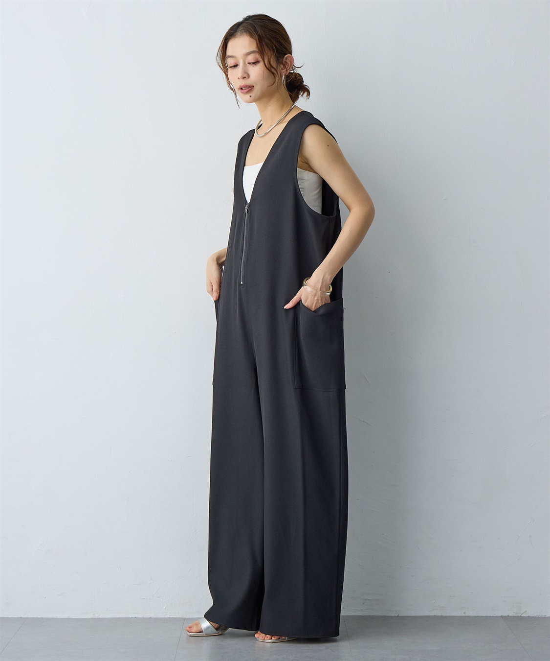 Life Style by cross marche 【anyfee/大きいサイズ】フロントジップＶネックサロペット/オールインワン_sub_7