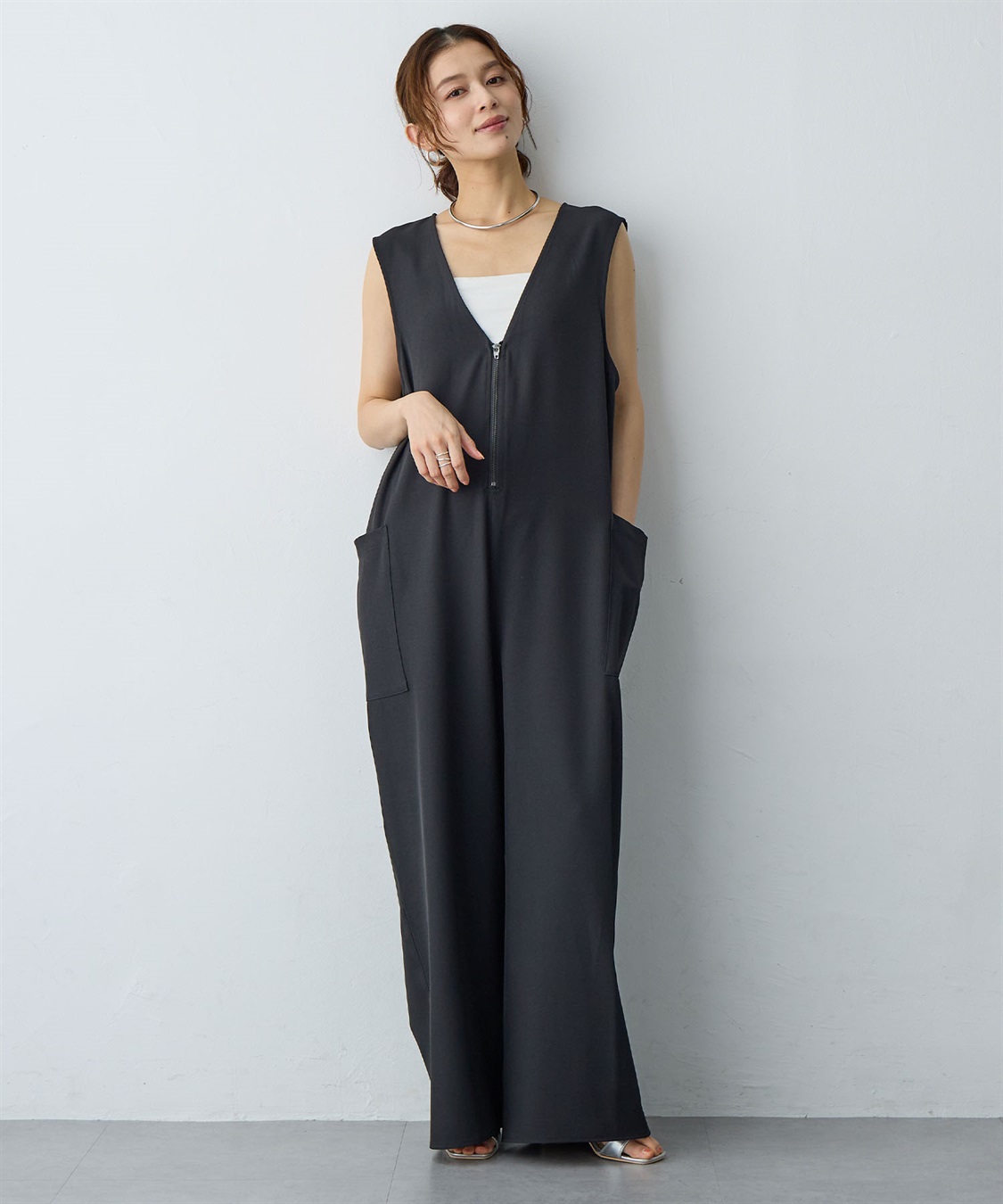 Life Style by cross marche 【anyfee/大きいサイズ】フロントジップＶネックサロペット/オールインワン_sub_9