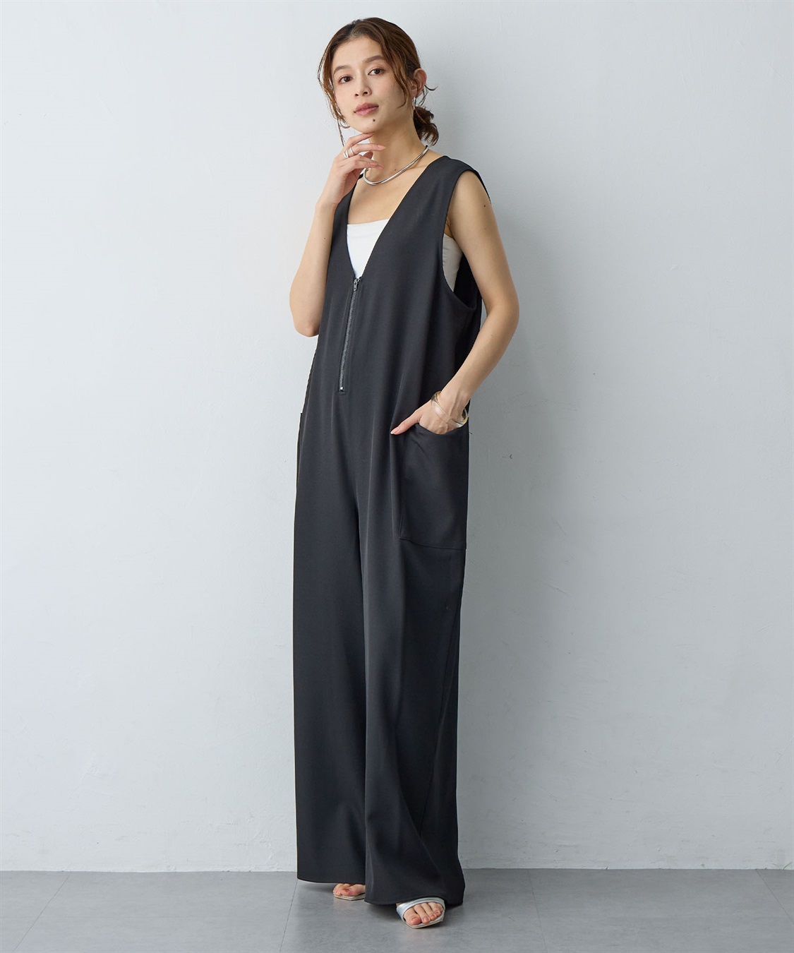 Life Style by cross marche 【anyfee/大きいサイズ】フロントジップＶネックサロペット/オールインワン_sub_12