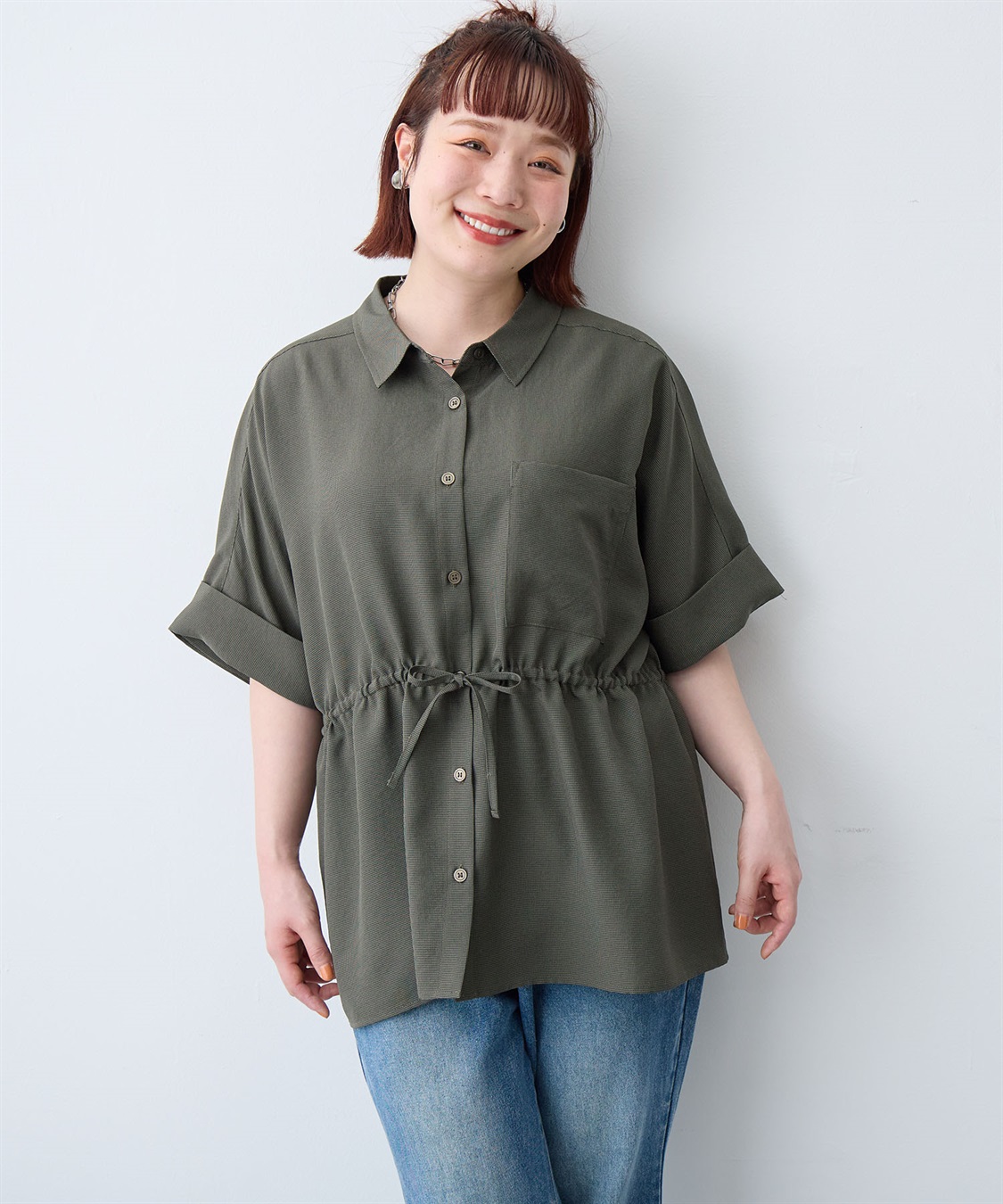 anyfee 【anyfee/大きいサイズ】リネン調ウエストドロストシャツブラウス《接触冷感 ・UVカット・イージーケア 》（2026SS）_sub_1