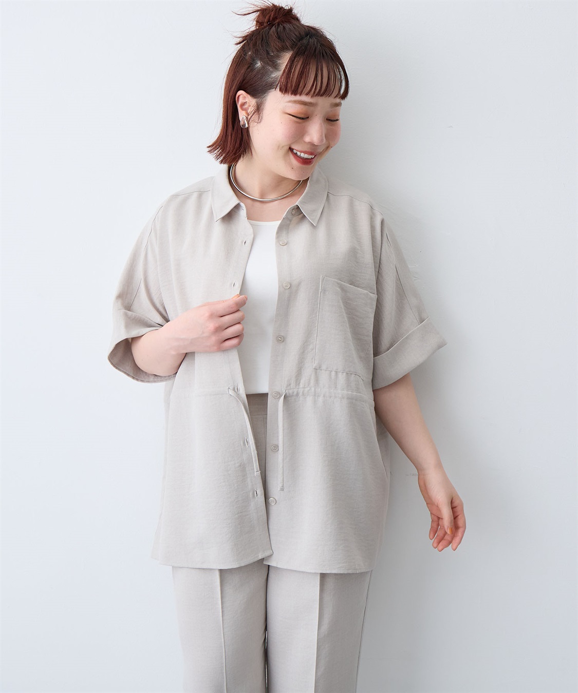 anyfee 【anyfee/大きいサイズ】リネン調ウエストドロストシャツブラウス《接触冷感 ・UVカット・イージーケア 》（2026SS）_sub_2