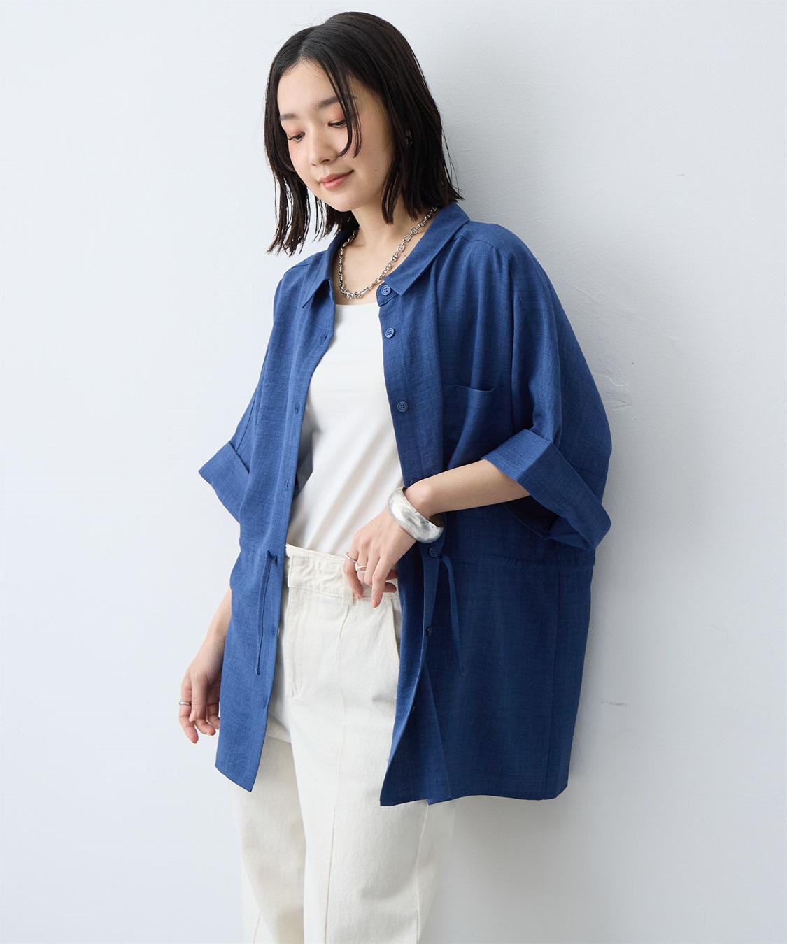 anyfee 【anyfee/大きいサイズ】リネン調ウエストドロストシャツブラウス《接触冷感 ・UVカット・イージーケア 》（2026SS）_sub_3