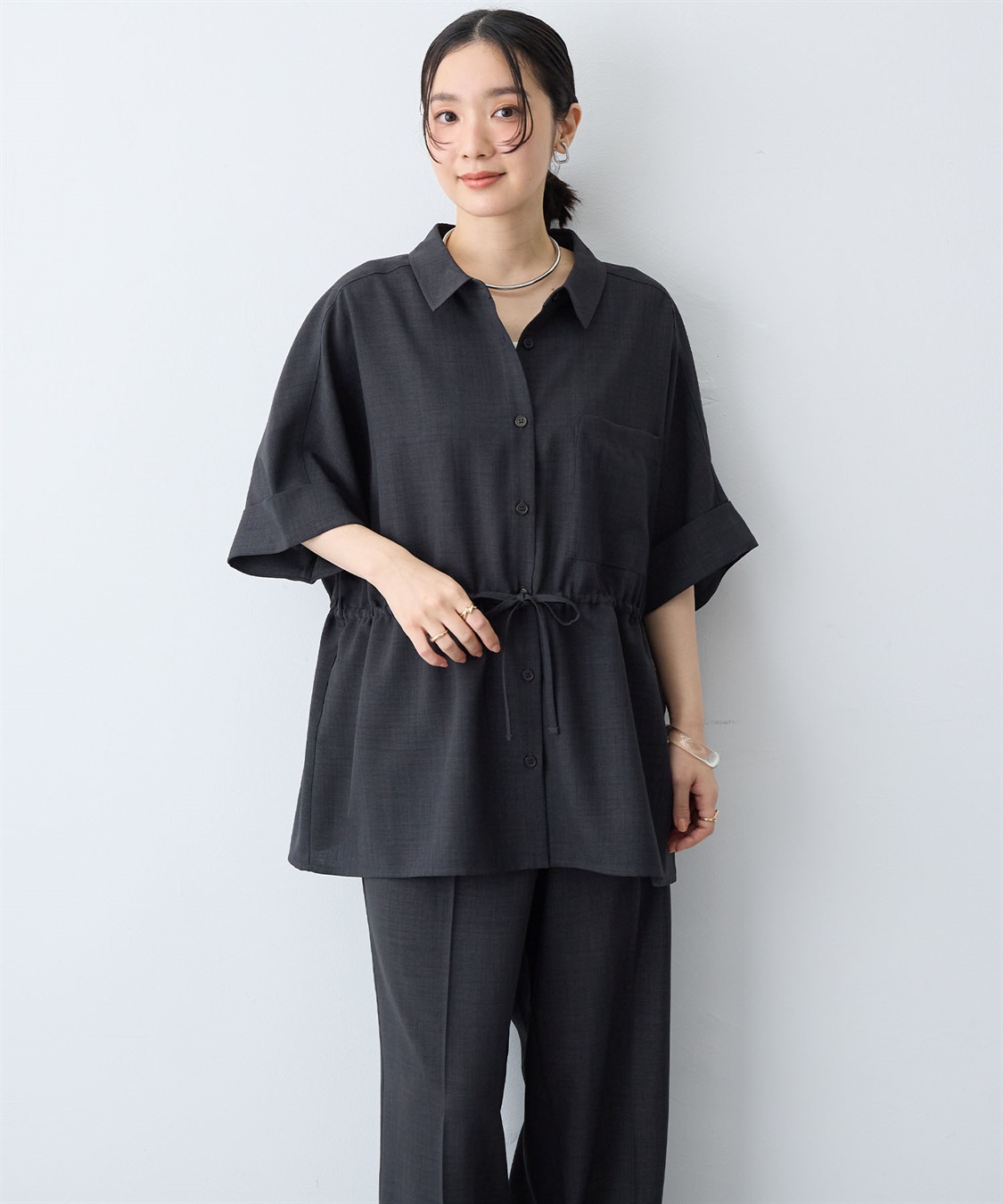 anyfee 【anyfee/大きいサイズ】リネン調ウエストドロストシャツブラウス《接触冷感 ・UVカット・イージーケア 》（2026SS）_sub_5