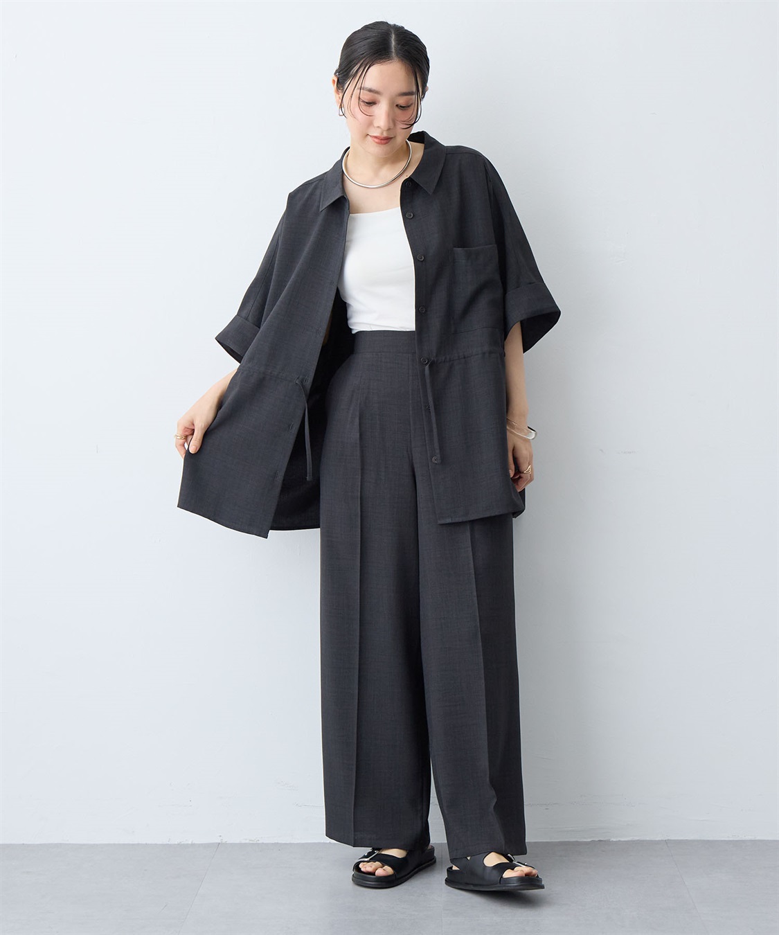 anyfee 【anyfee/大きいサイズ】リネン調ウエストドロストシャツブラウス《接触冷感 ・UVカット・イージーケア 》（2026SS）_sub_7