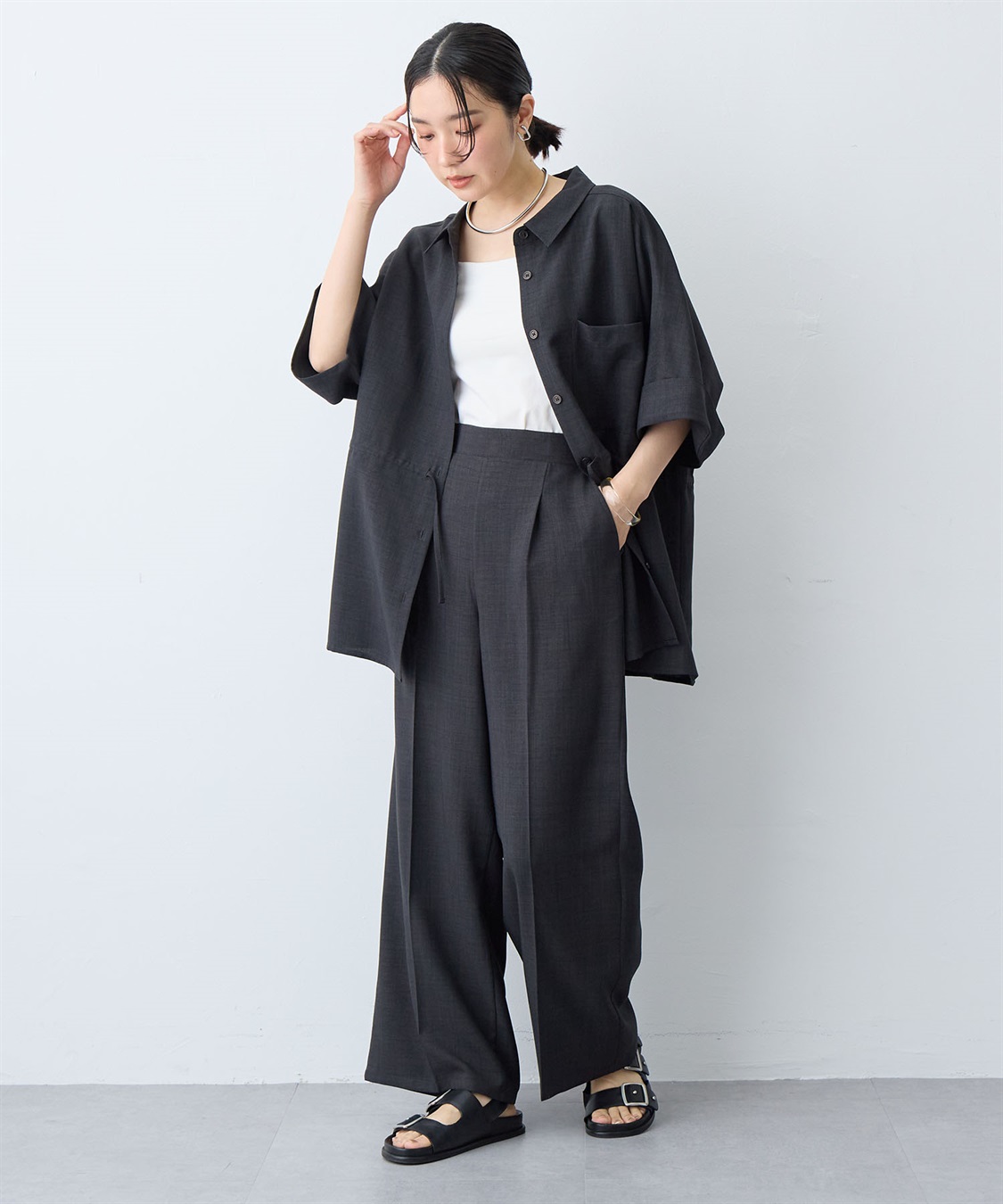 anyfee 【anyfee/大きいサイズ】リネン調ウエストドロストシャツブラウス《接触冷感 ・UVカット・イージーケア 》（2026SS）_sub_8