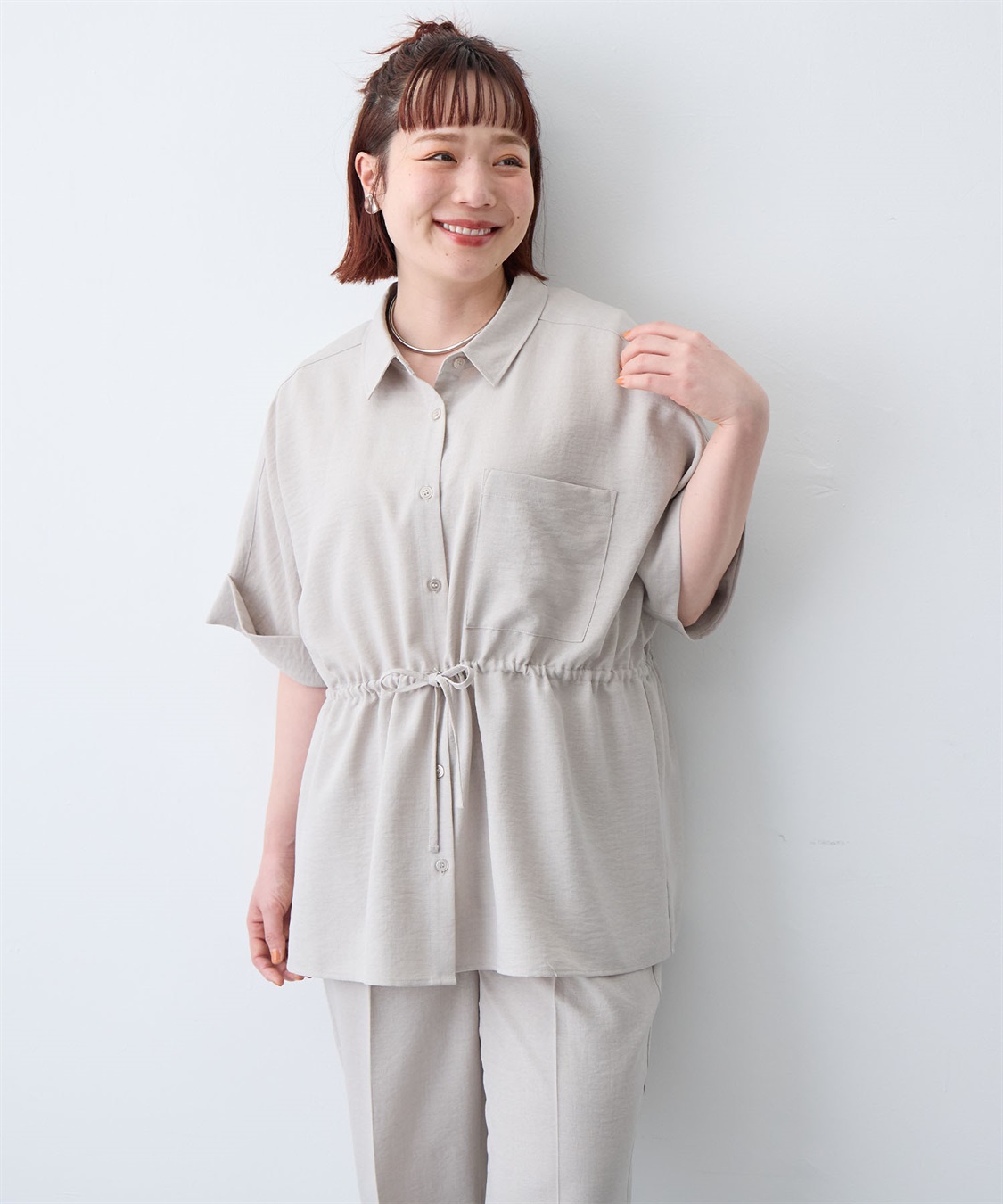 anyfee 【anyfee/大きいサイズ】リネン調ウエストドロストシャツブラウス《接触冷感 ・UVカット・イージーケア 》（2026SS）_sub_14