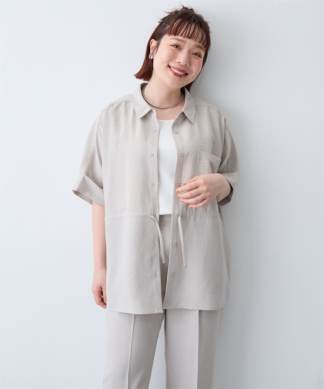 anyfee 【anyfee/大きいサイズ】リネン調ウエストドロストシャツブラウス《接触冷感 ・UVカット・イージーケア 》（2026SS）_sub_15