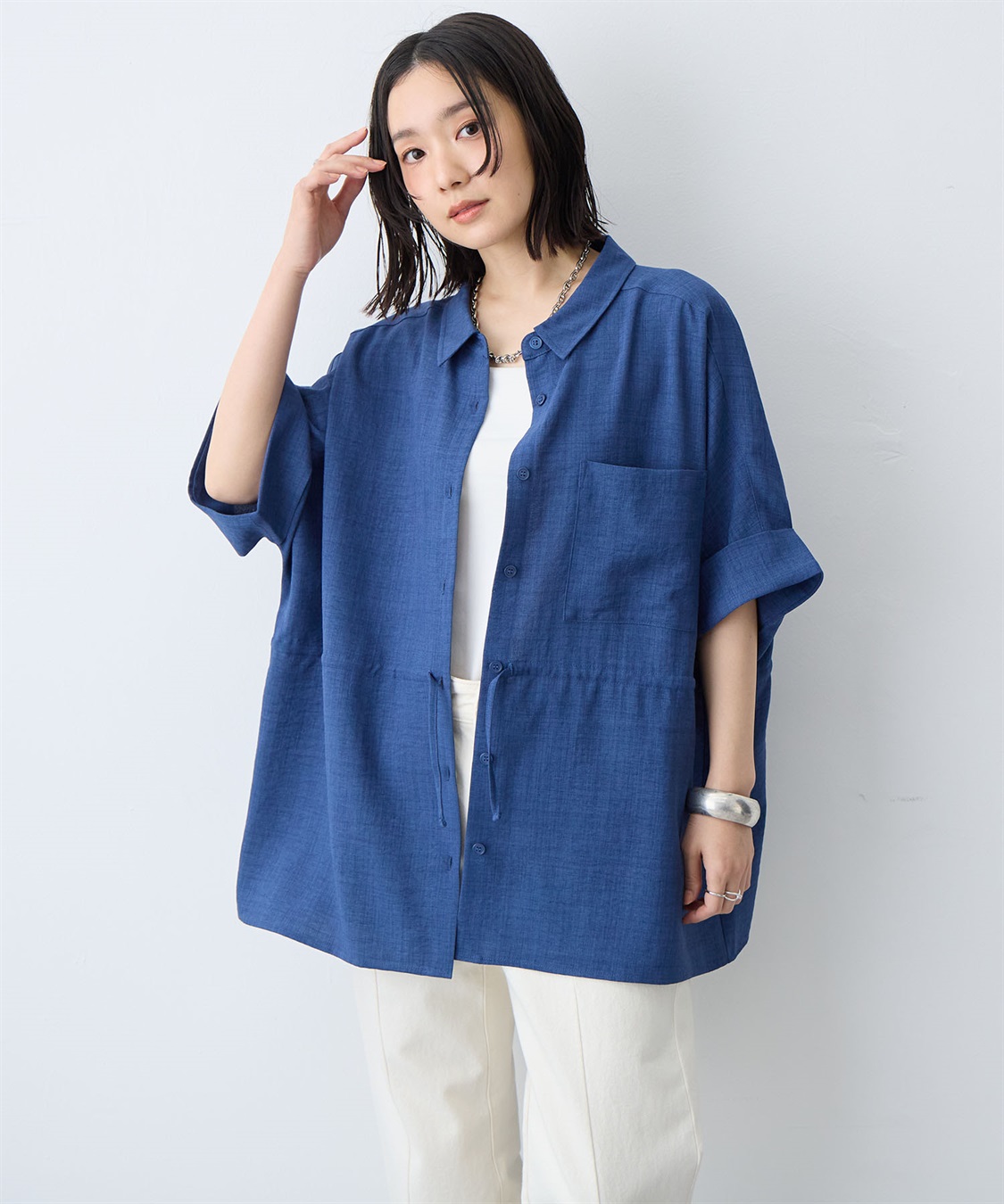 anyfee 【anyfee/大きいサイズ】リネン調ウエストドロストシャツブラウス《接触冷感 ・UVカット・イージーケア 》（2026SS）_sub_21
